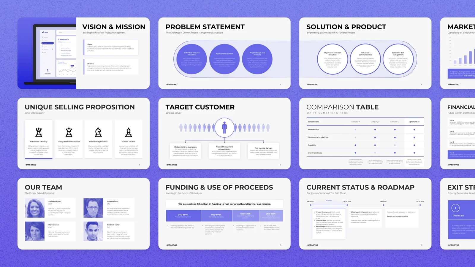 Startup pitch deck built with Choladeck by Alicia Rodriguez: vision, problem, solution, competitors, team and funding slides