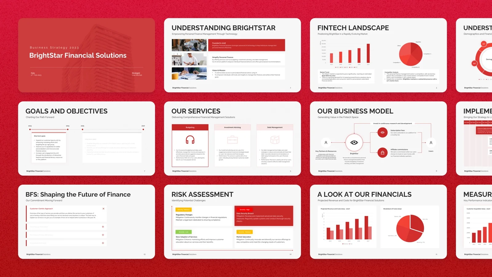 Business strategy presentation built with Choladeck by Lisa Mitchell: fintech market, business model and risk slides