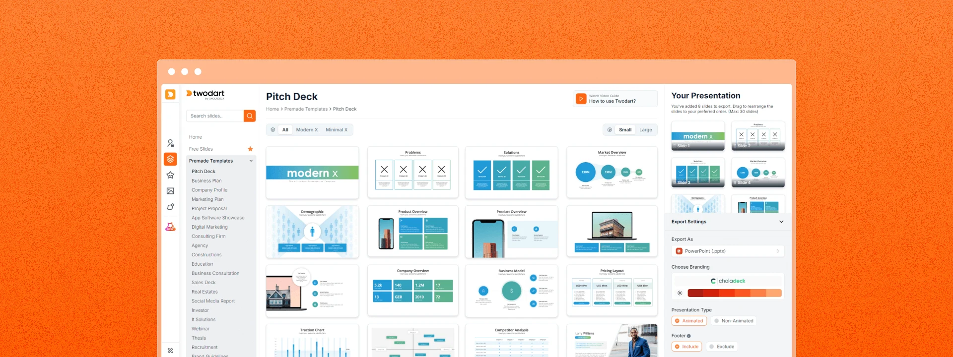 Pitch deck template open in Choladeck, with its slides and the export panel for the chosen slides