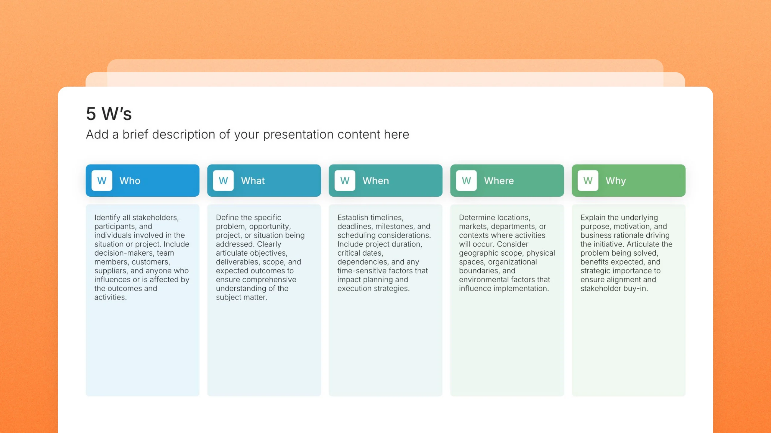 5 W's template slides, 11 editable layouts