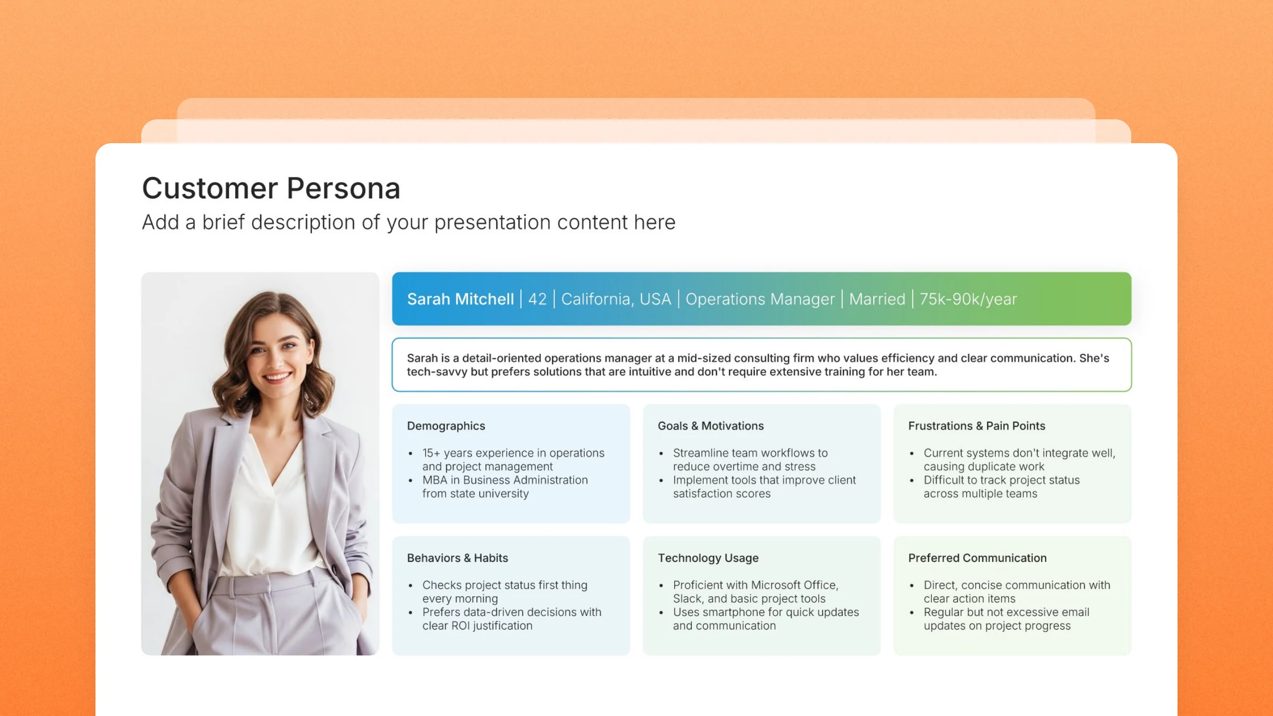 Customer persona template slides, 24 editable layouts