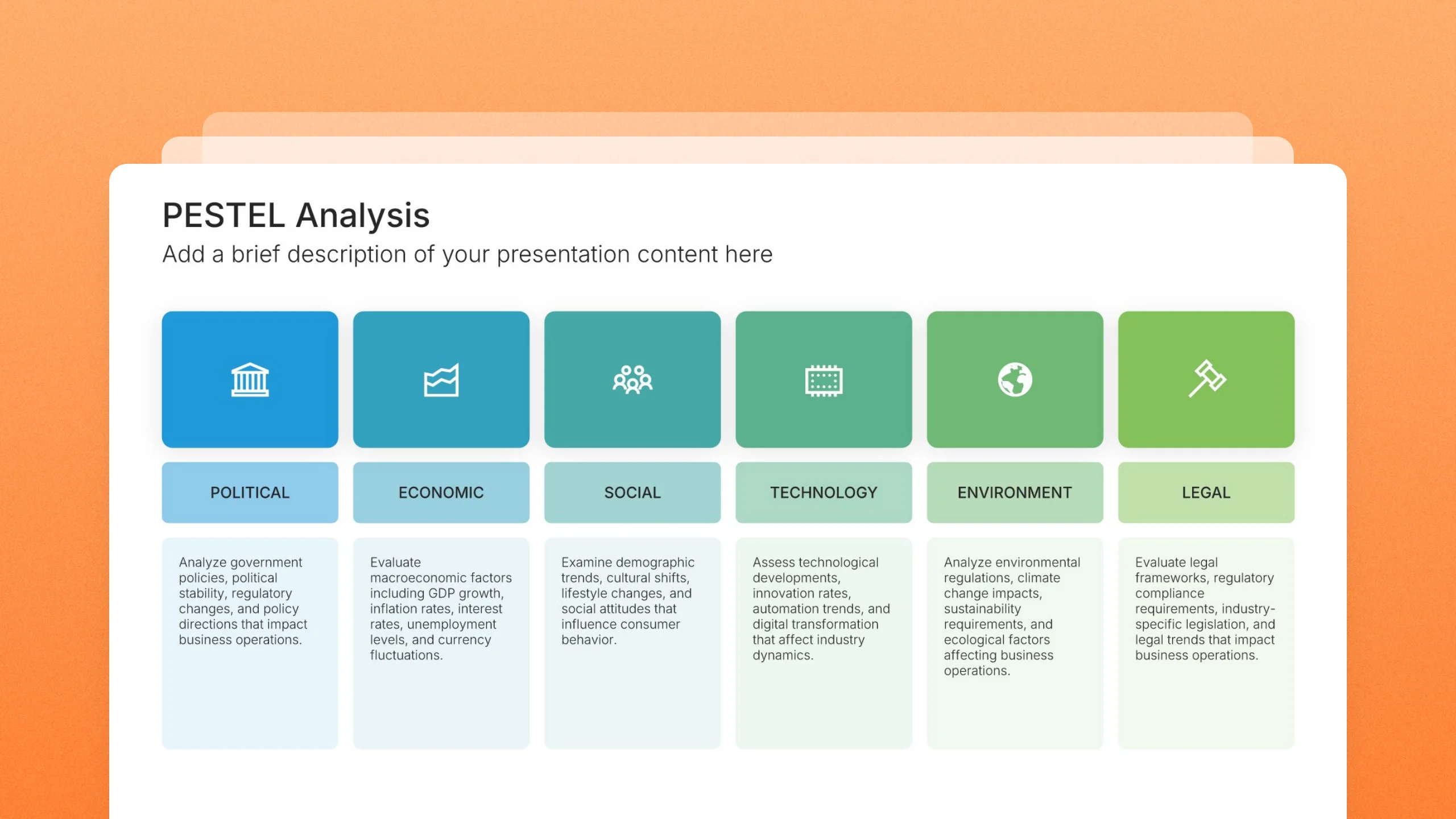 PESTEL framework template slides, 11 editable layouts