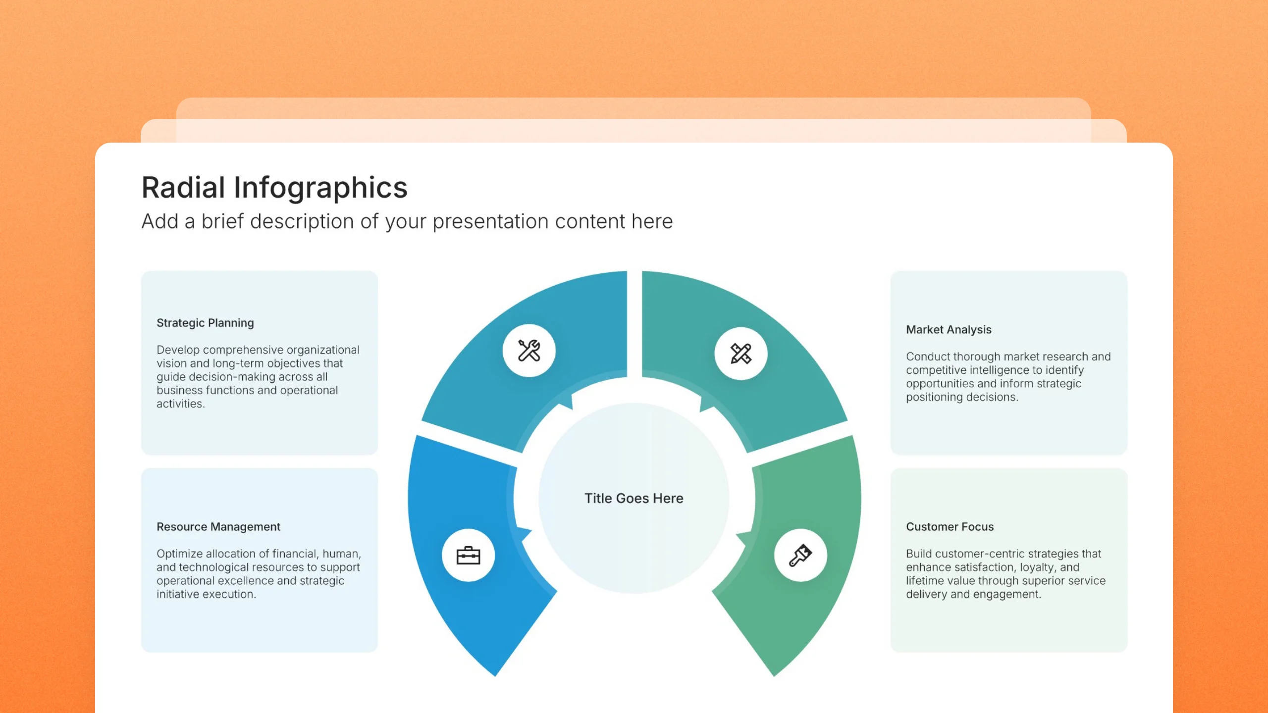 Radial infographic slides, 11 editable layouts