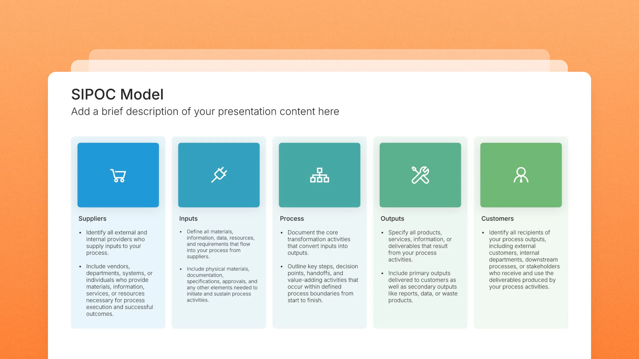 SIPOC template slides, 11 editable layouts