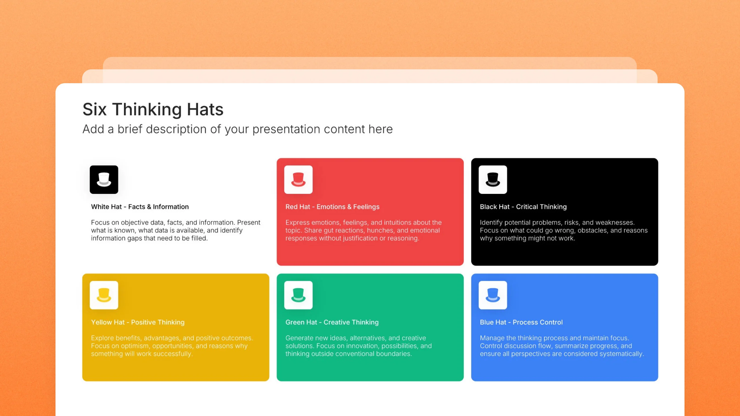 Six thinking hats template slides, 4 editable layouts