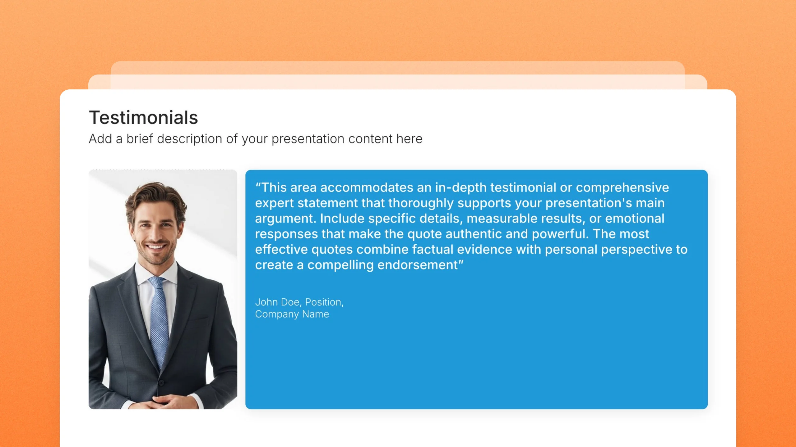 Testimonial slides, 36 editable layouts