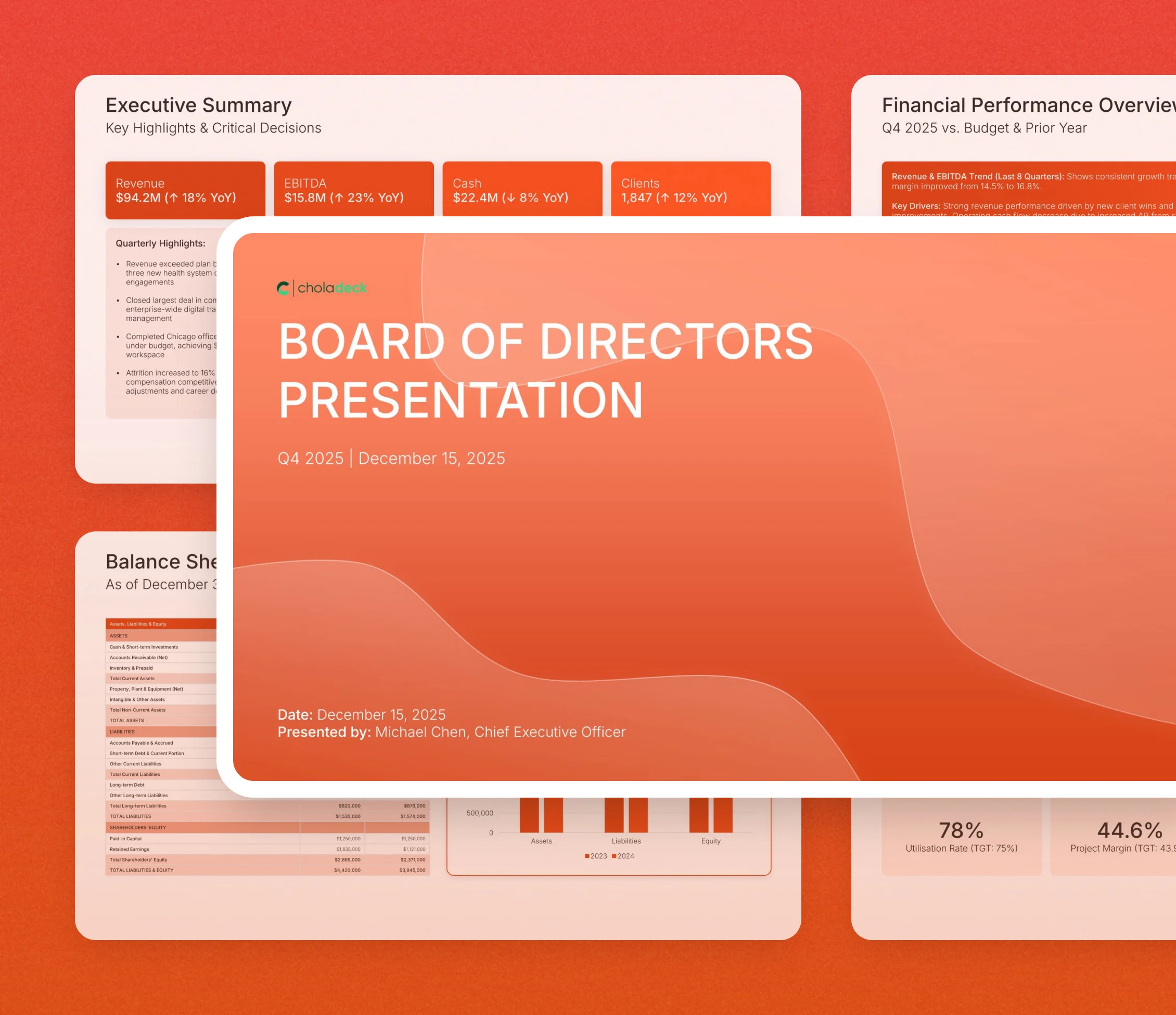 Board of directors presentation template: the title slide in front of other slides from the 18-slide deck