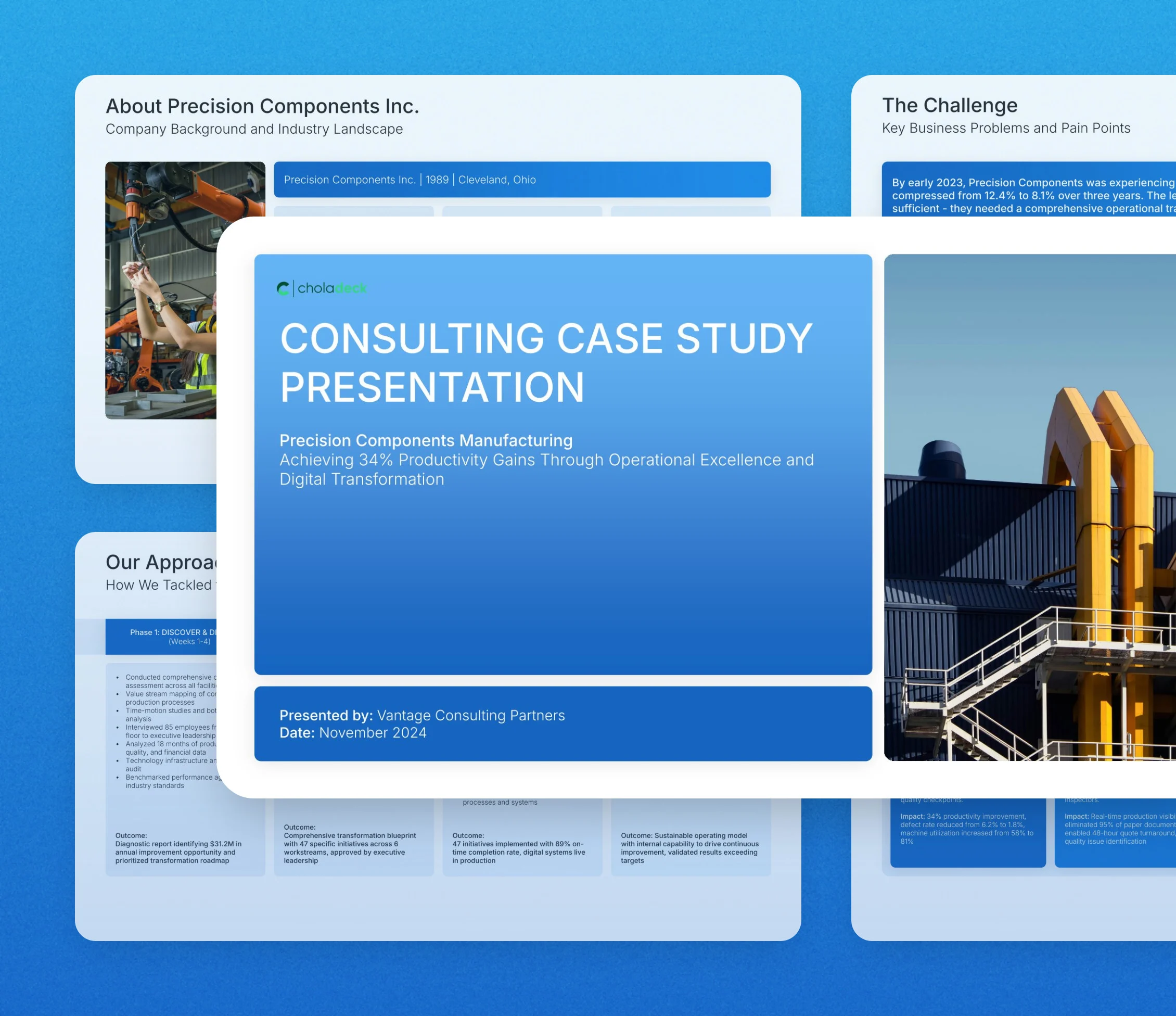 Case study presentation template: the title slide in front of other slides from the 12-slide deck