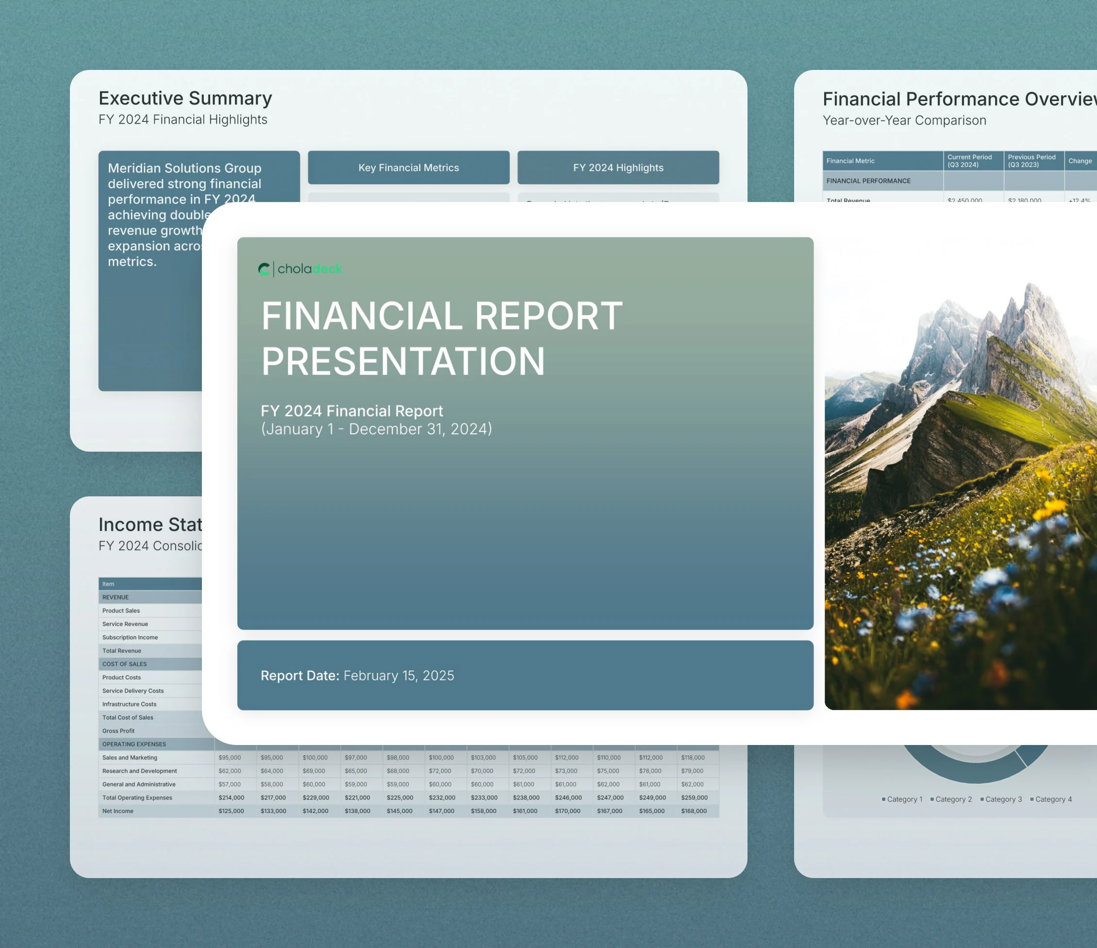 Business financial report template: the title slide in front of other slides from the 17-slide deck
