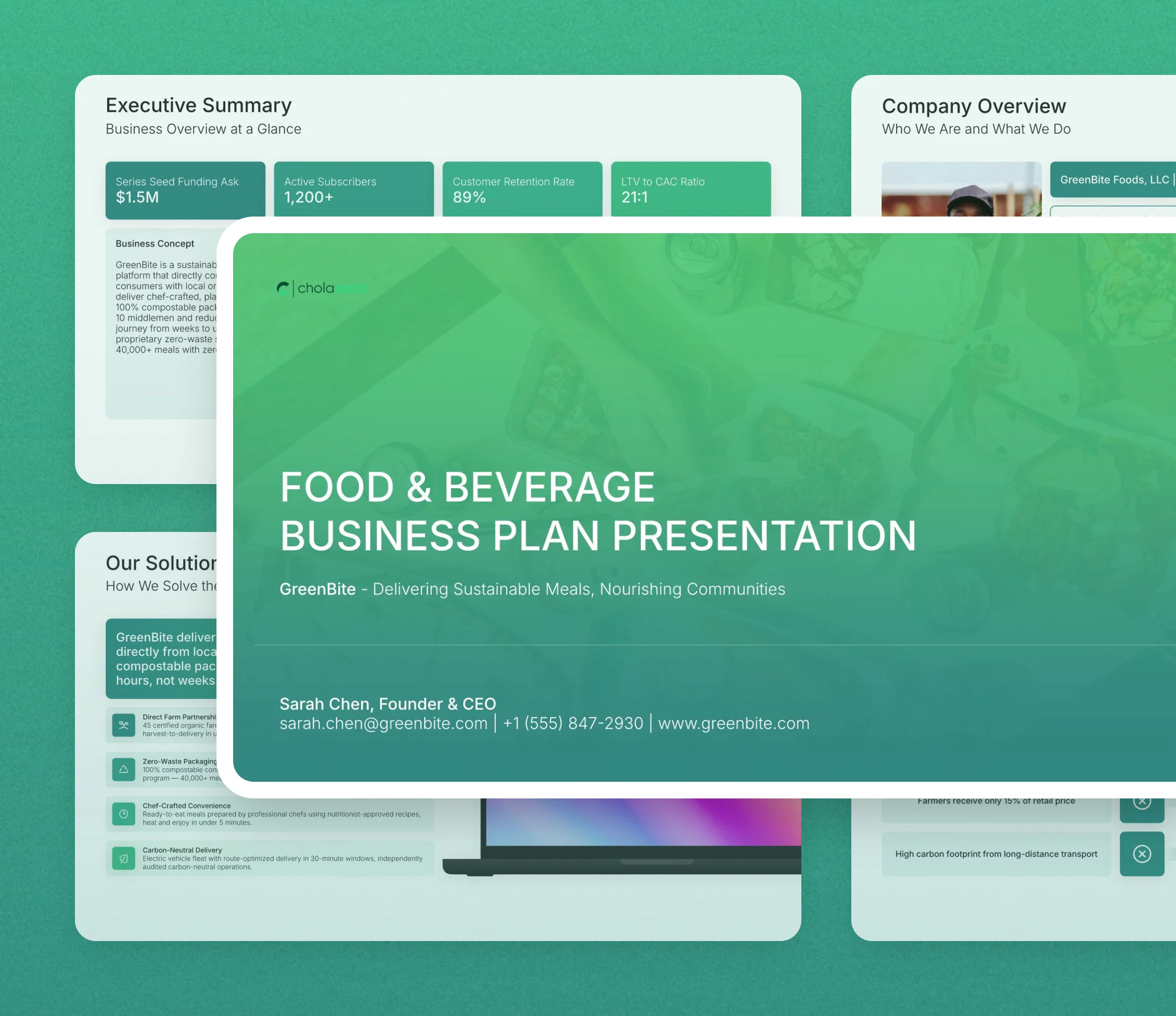 Food and beverage business plan template: the title slide in front of other slides from the 22-slide deck