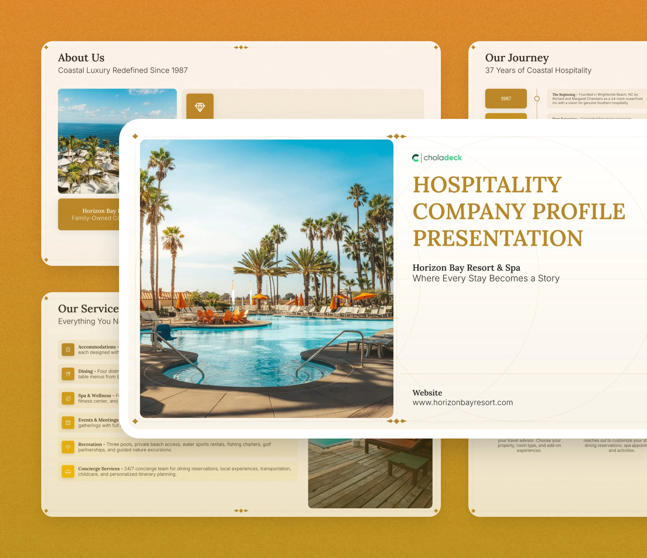 Hospitality company profile template: the title slide in front of other slides from the 13-slide deck