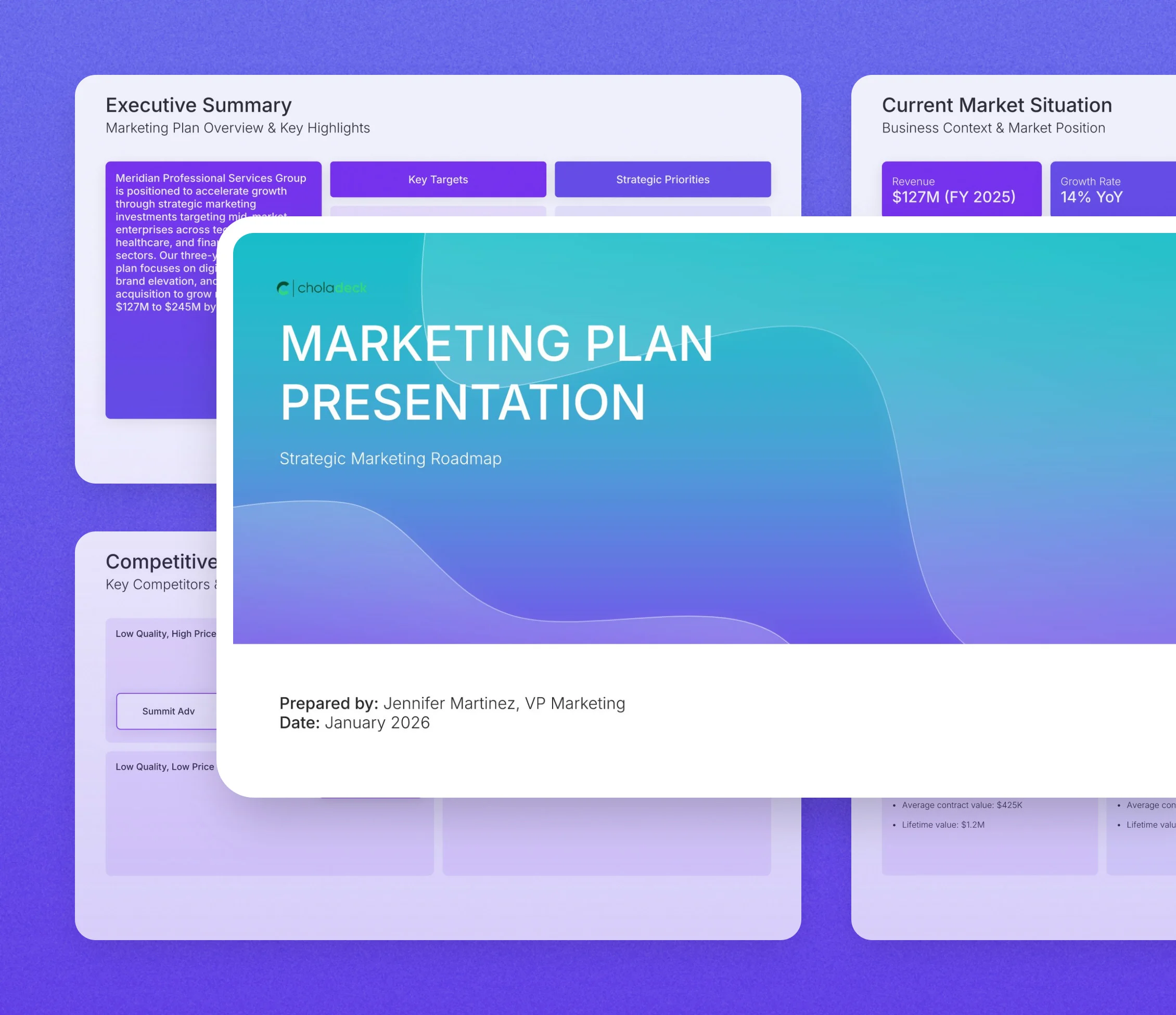 Strategic marketing plan template: the title slide in front of other slides from the 21-slide deck