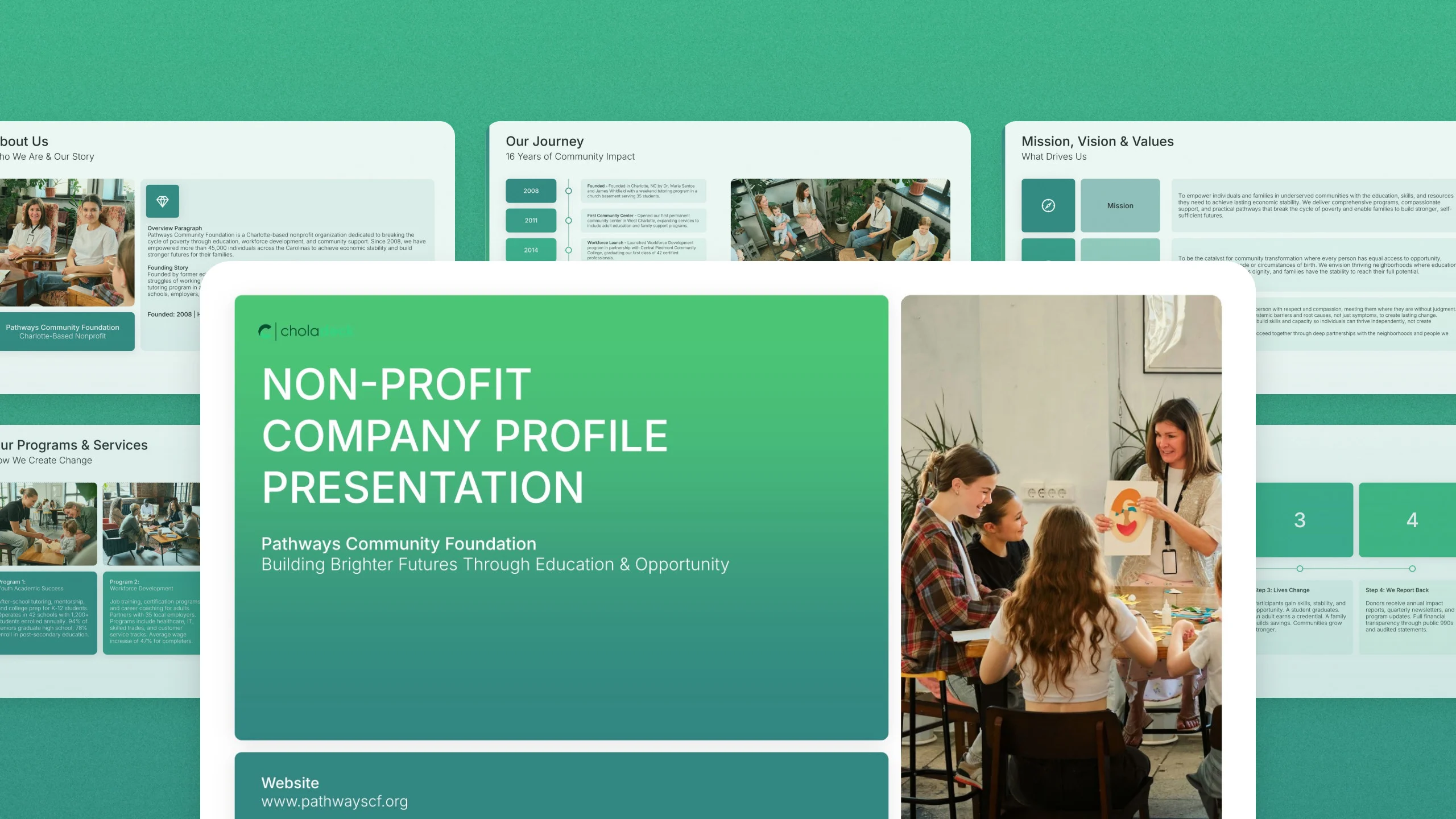Non-profit company profile template, 13 editable slides