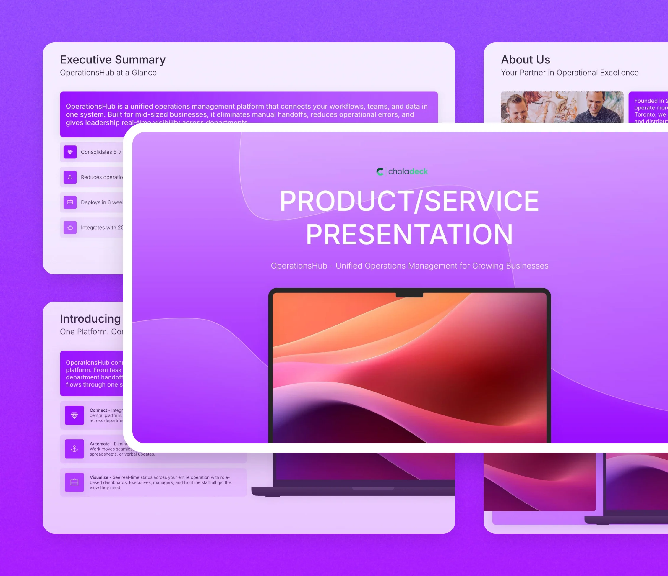 Product presentation template: the title slide in front of other slides from the 17-slide deck