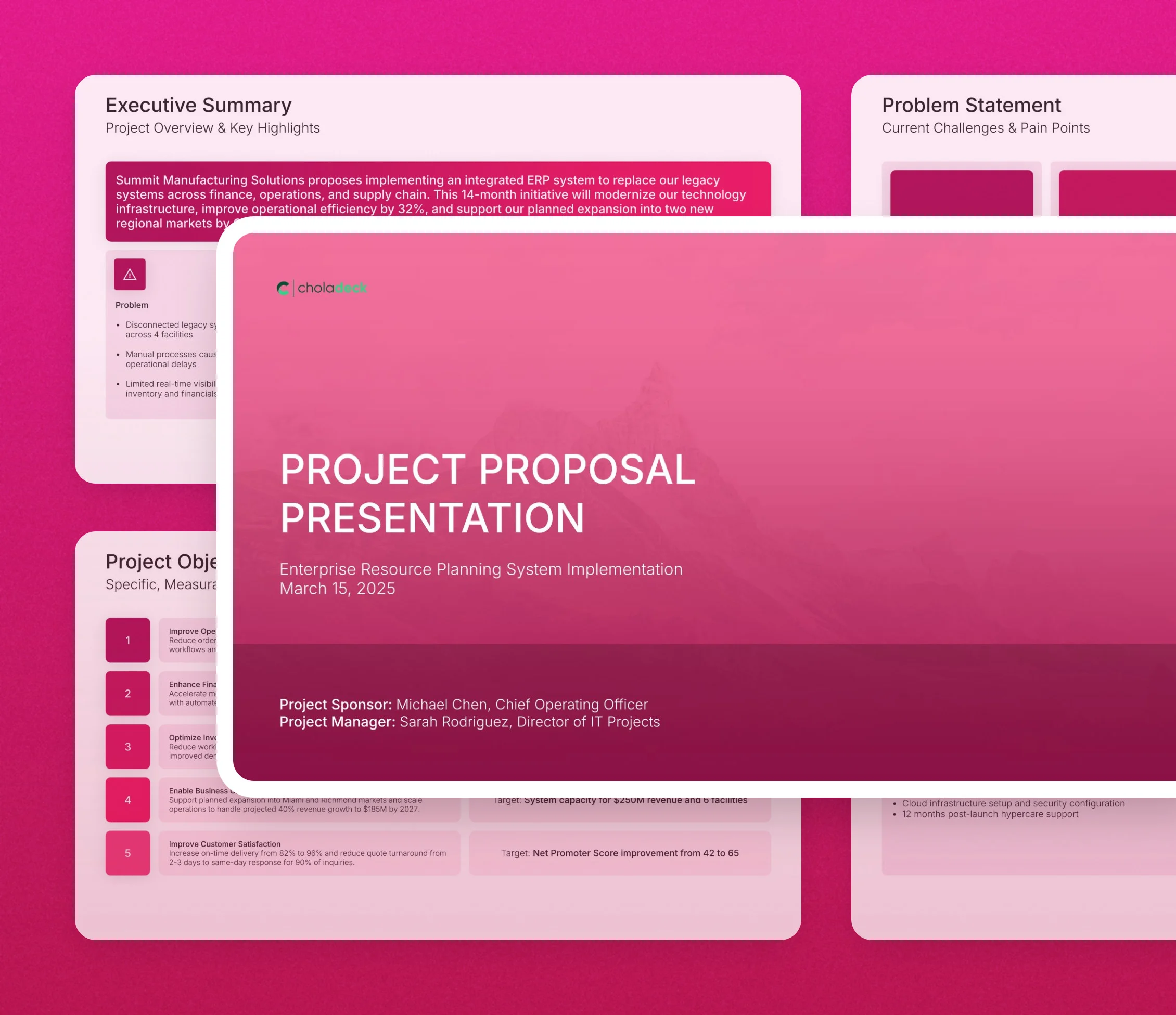 Project proposal presentation template: the title slide in front of other slides from the 19-slide deck