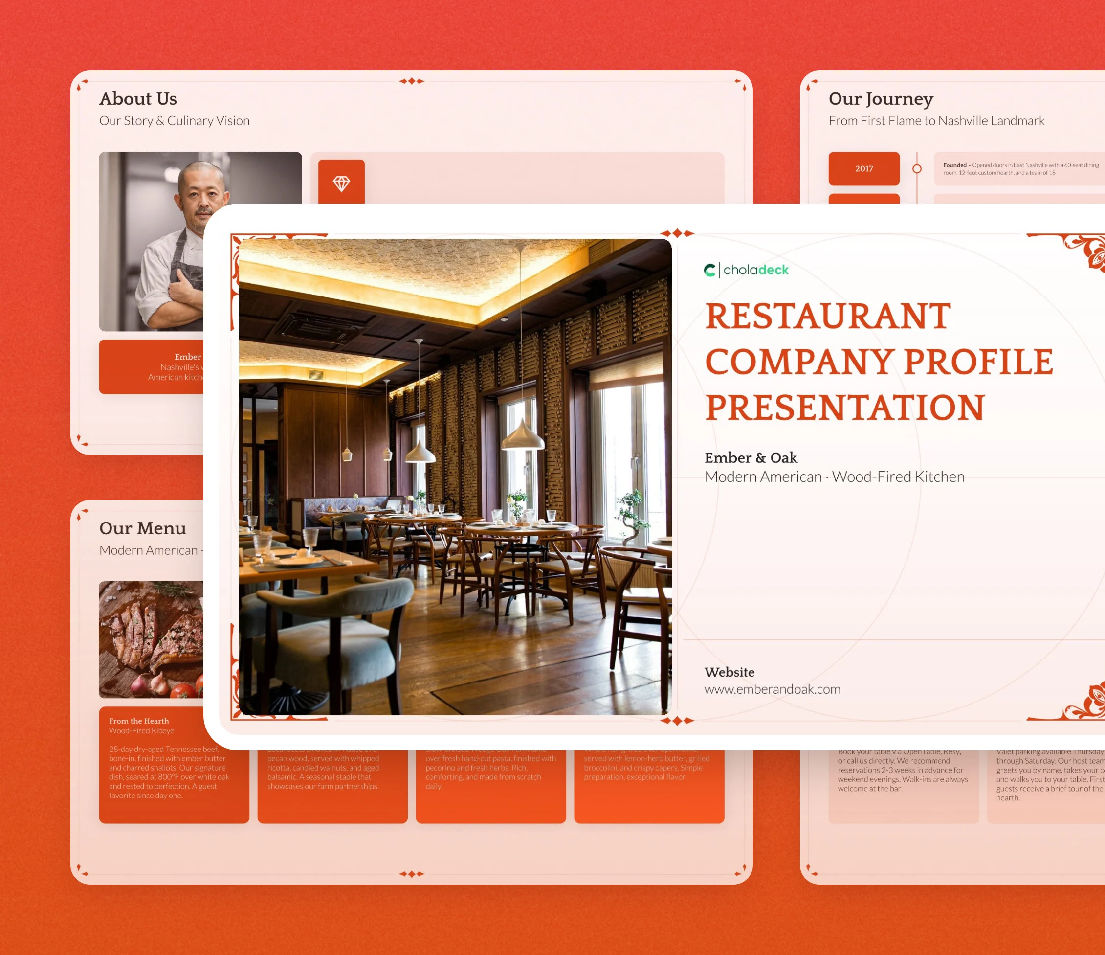 Restaurant company profile template: the title slide in front of other slides from the 13-slide deck