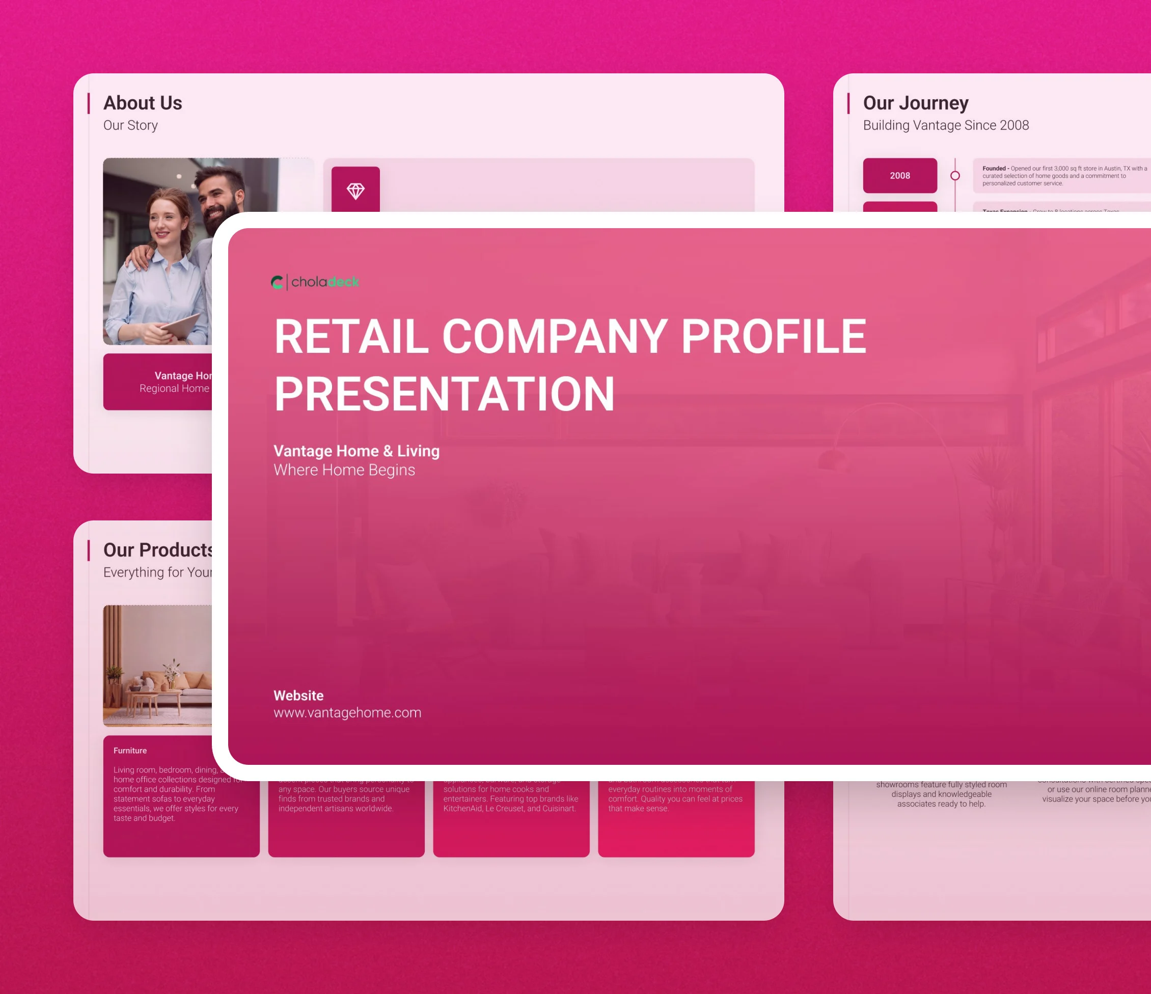 Retail company profile template: the title slide in front of other slides from the 13-slide deck