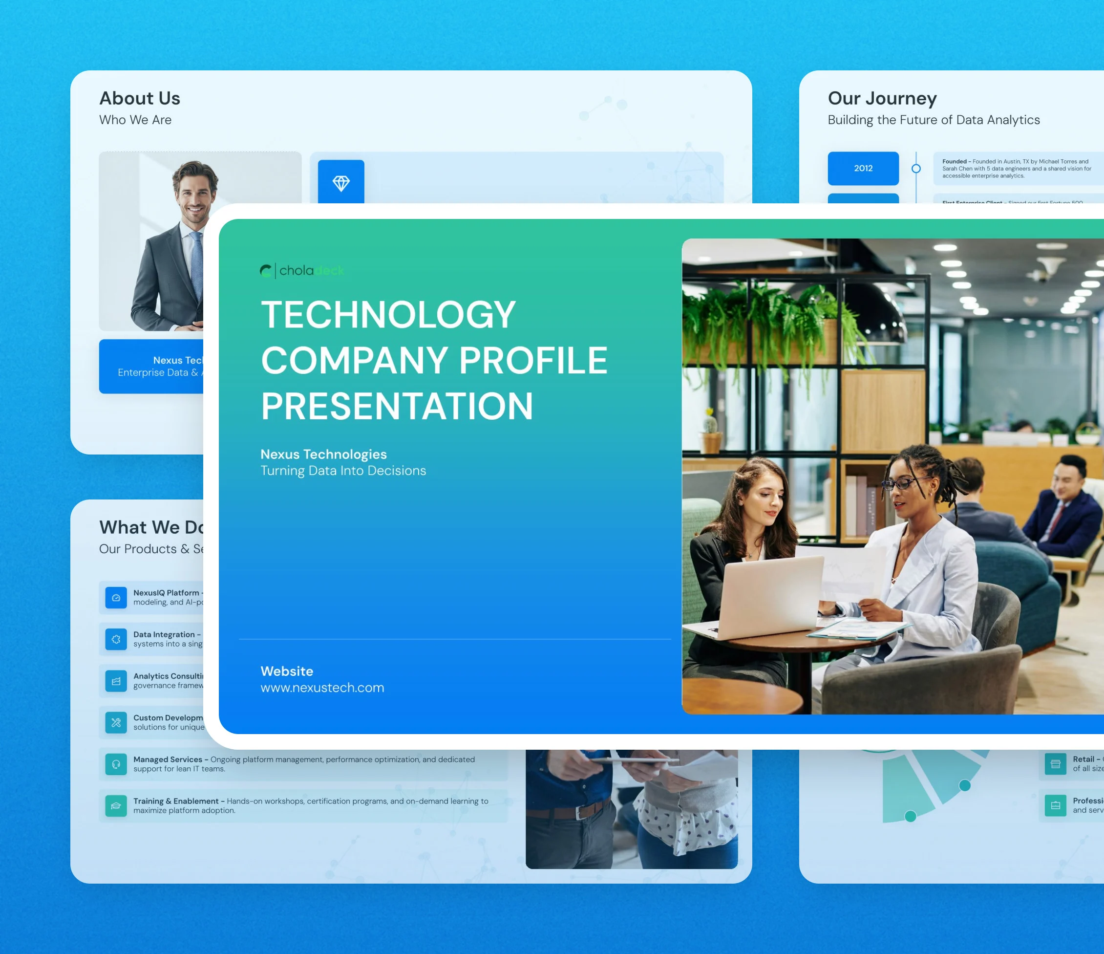 Technology company profile template: the title slide in front of other slides from the 14-slide deck