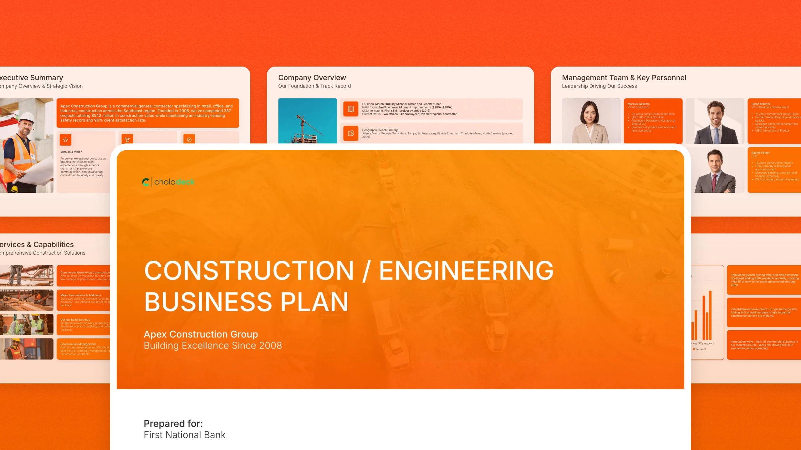 Construction business plan presentation template, 20 editable slides