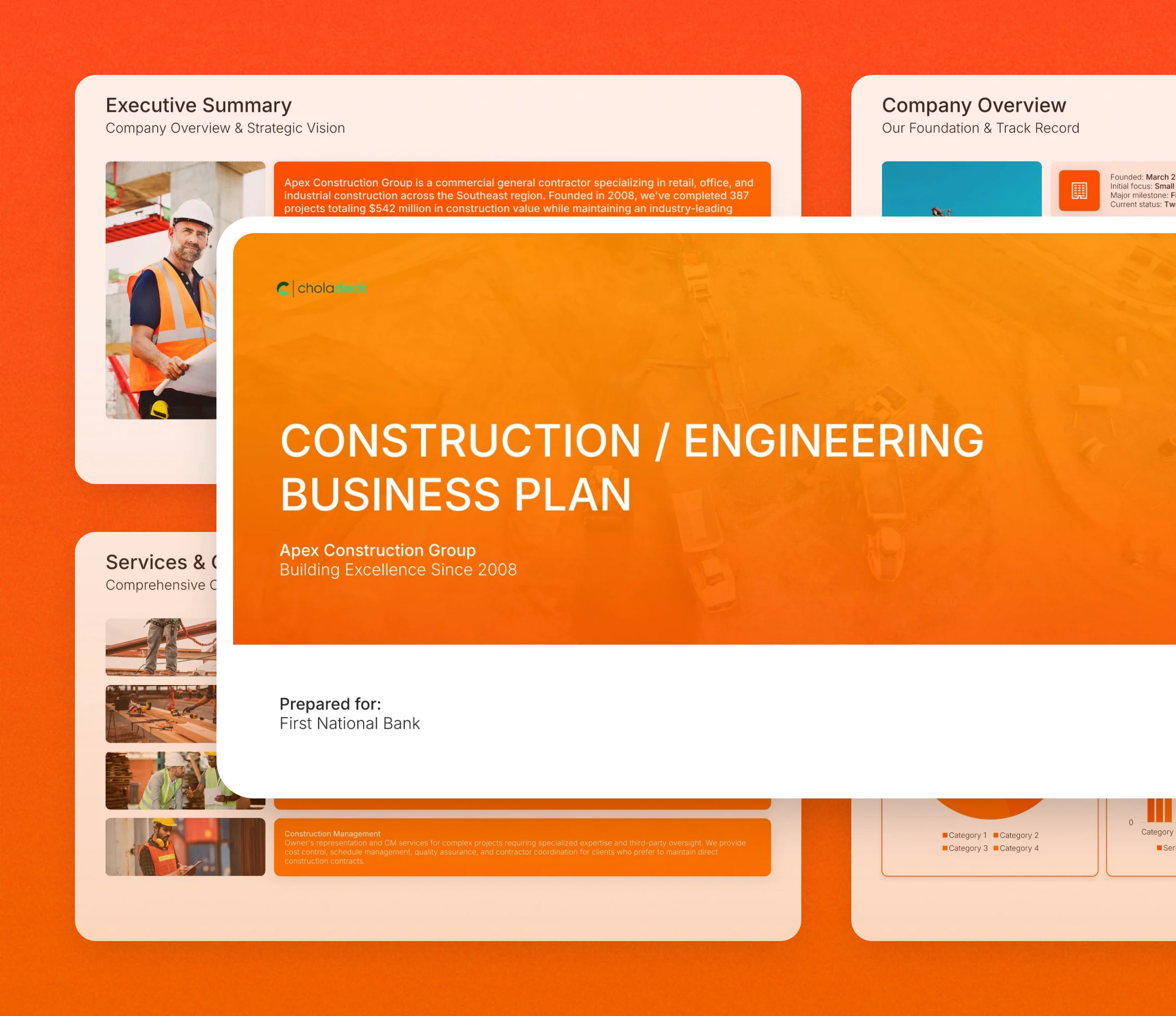 Construction business plan template: the title slide in front of other slides from the 20-slide deck