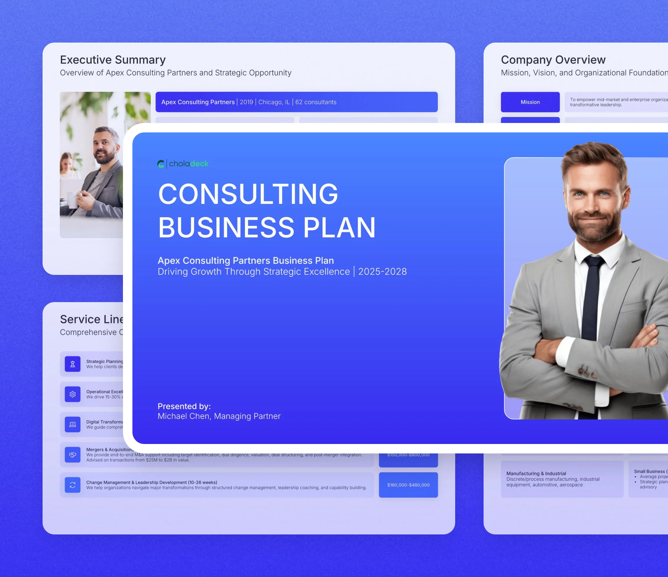 Consulting business plan template: the title slide in front of other slides from the 22-slide deck