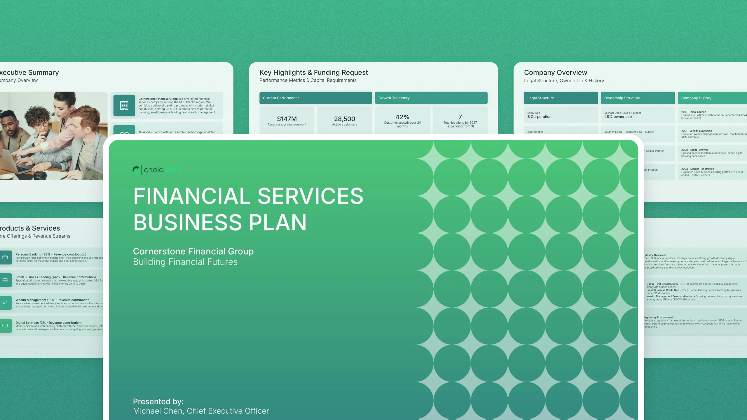 Financial services business plan presentation template, 20 editable slides