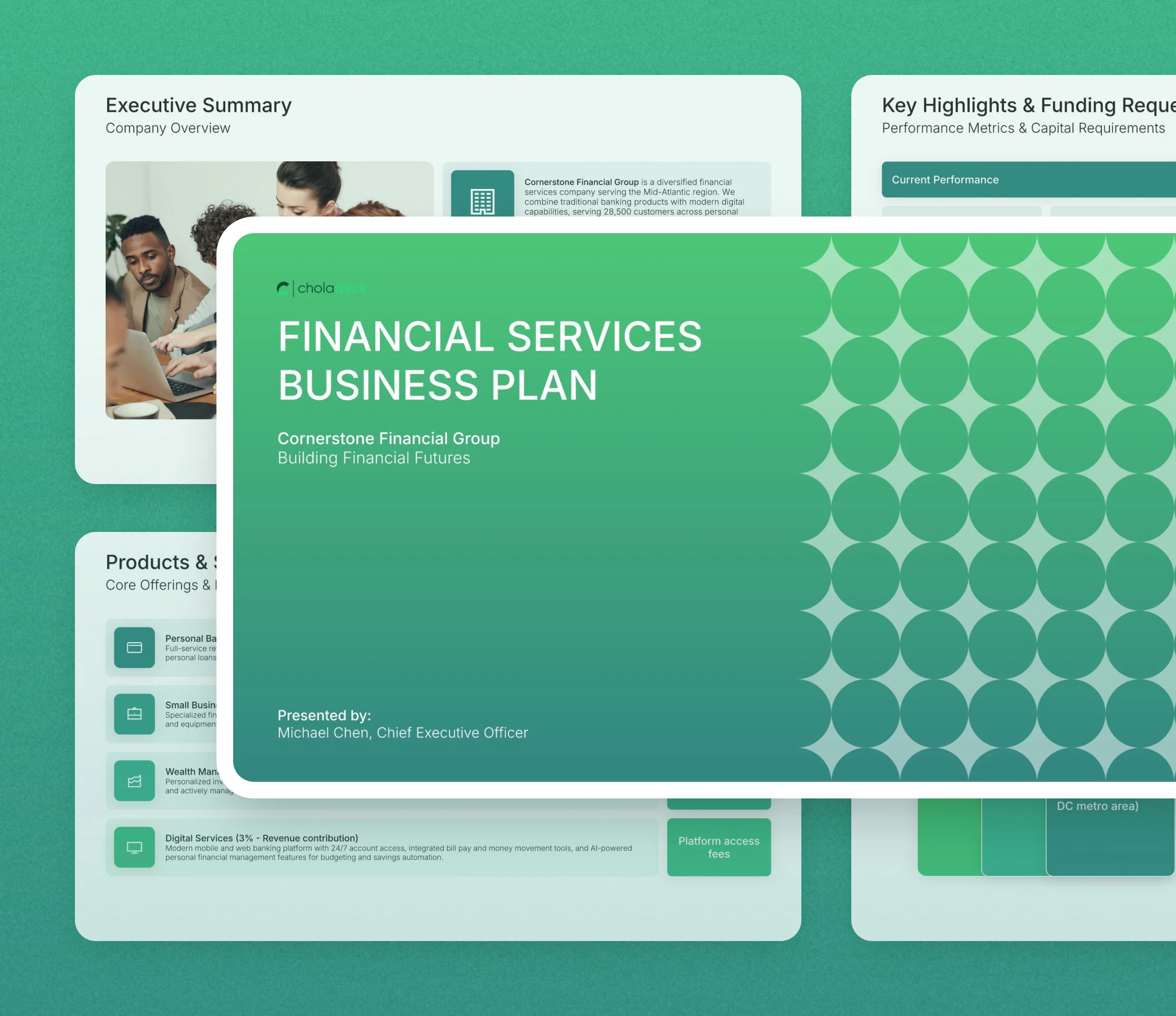 Financial services business plan template: the title slide in front of other slides from the 20-slide deck