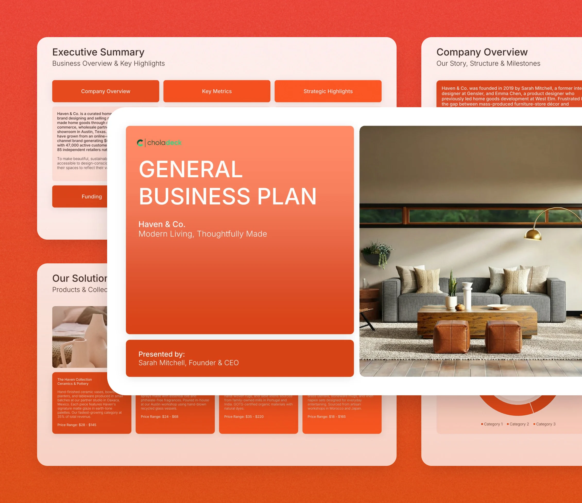 Startup business plan template: the title slide in front of other slides from the 20-slide deck