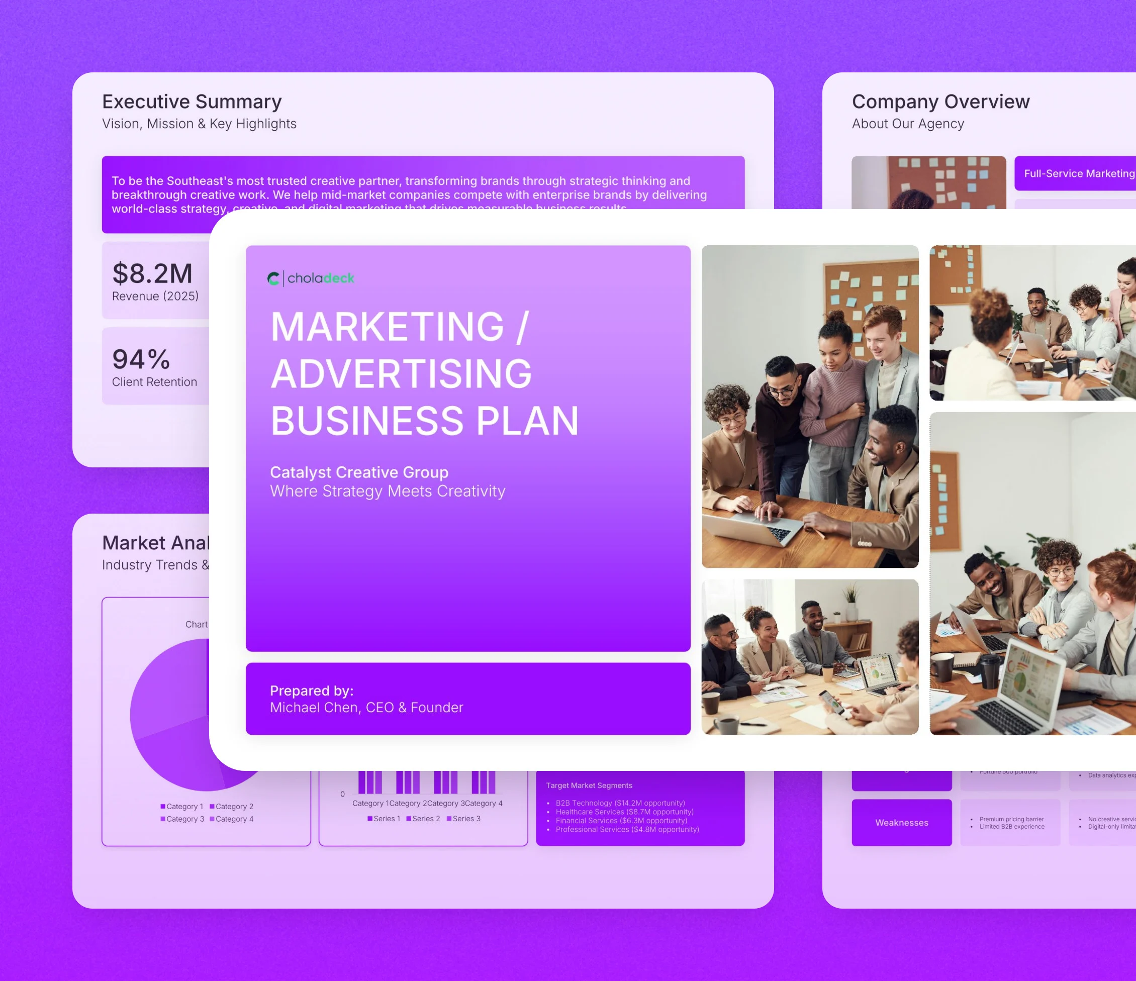 Advertising agency business plan template: the title slide in front of other slides from the 22-slide deck