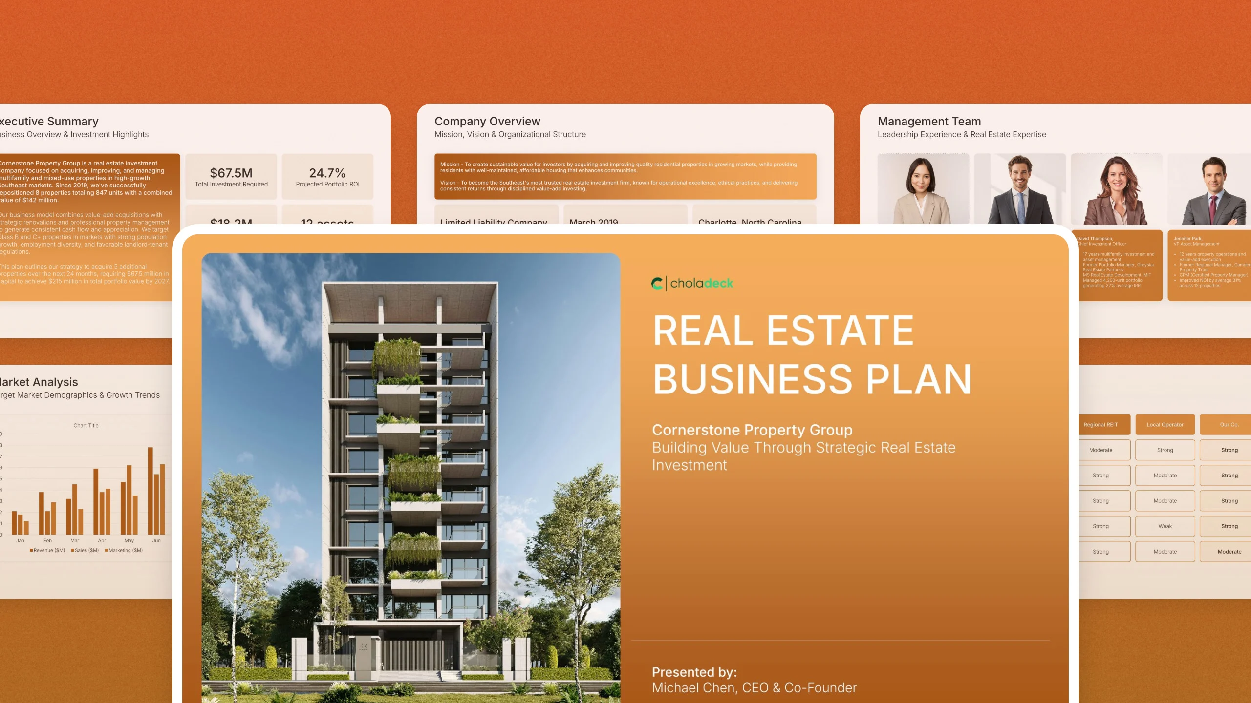 Real estate business plan presentation template, 23 editable slides