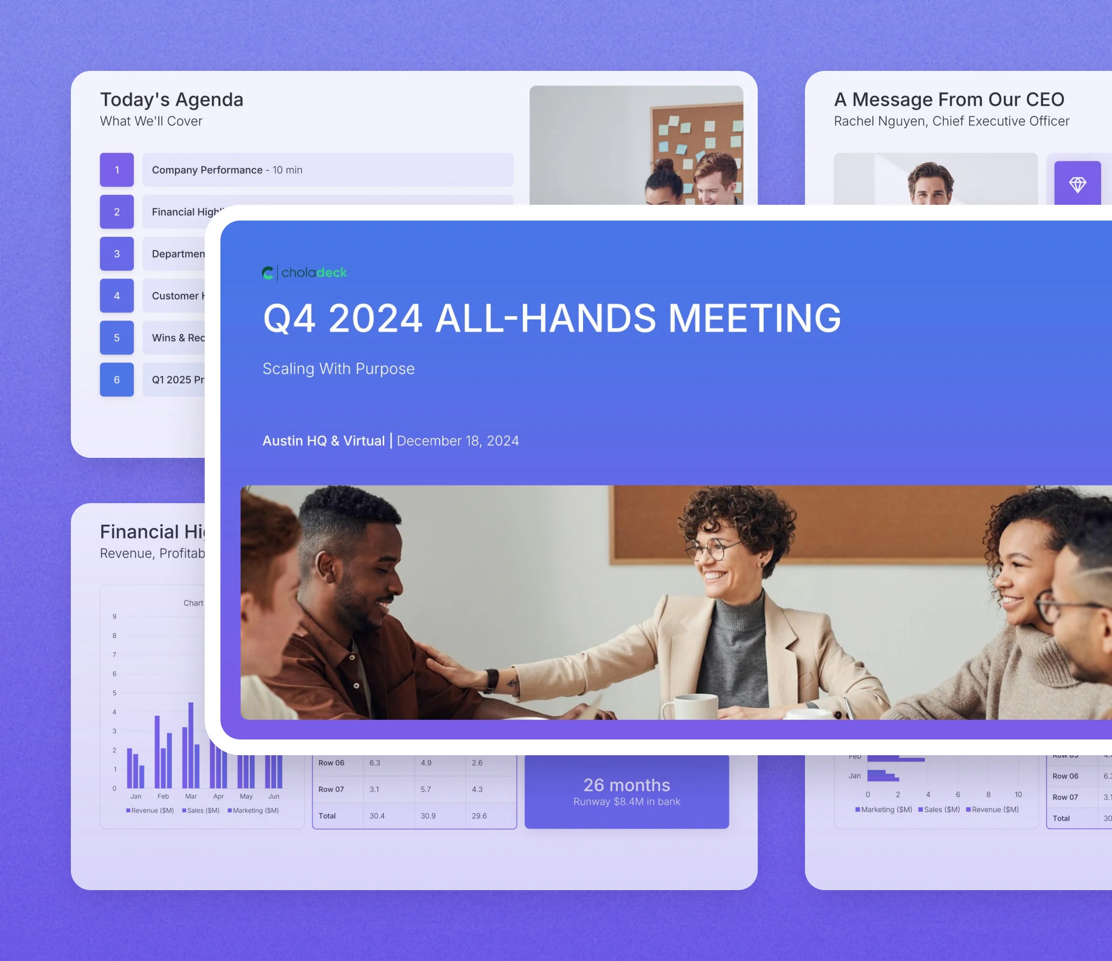 All hands meeting template: the title slide in front of other slides from the 15-slide deck