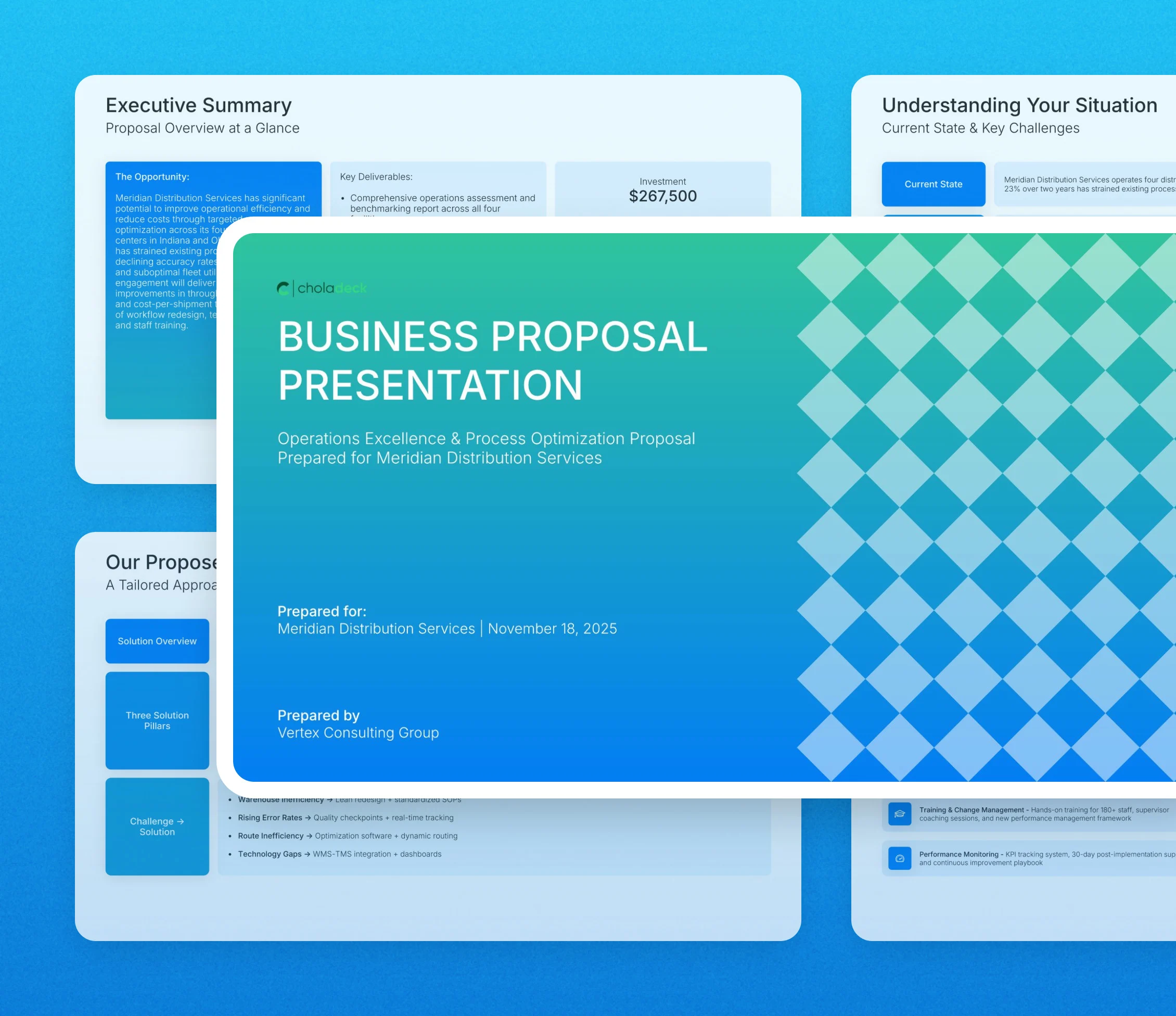 Business proposal presentation template: the title slide in front of other slides from the 16-slide deck