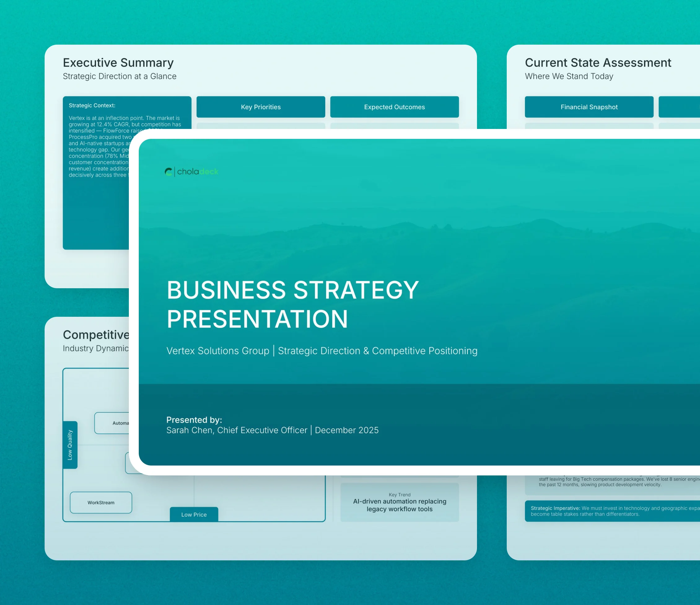 Business strategy template: the title slide in front of other slides from the 19-slide deck