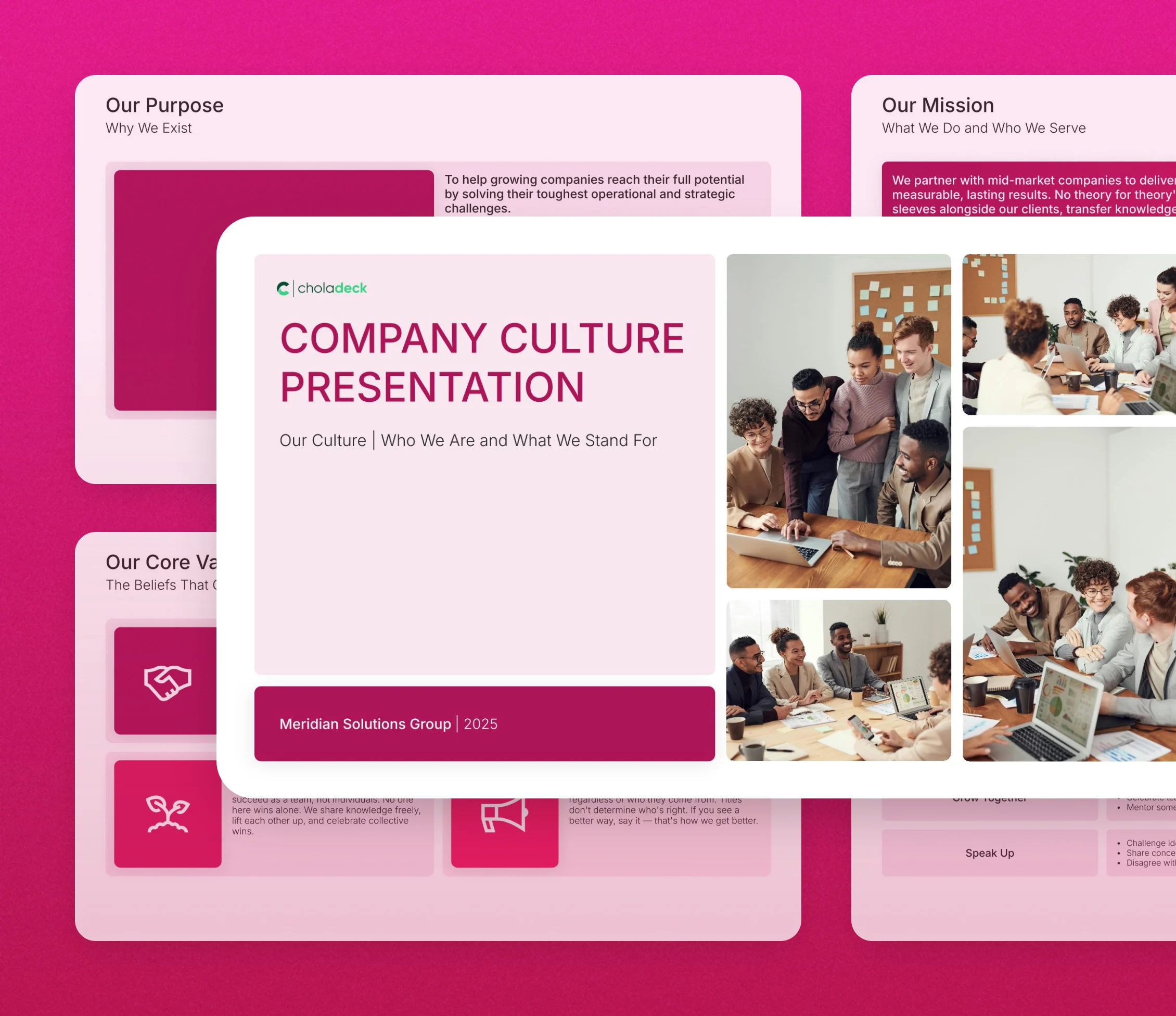 Company culture presentation template: the title slide in front of other slides from the 16-slide deck