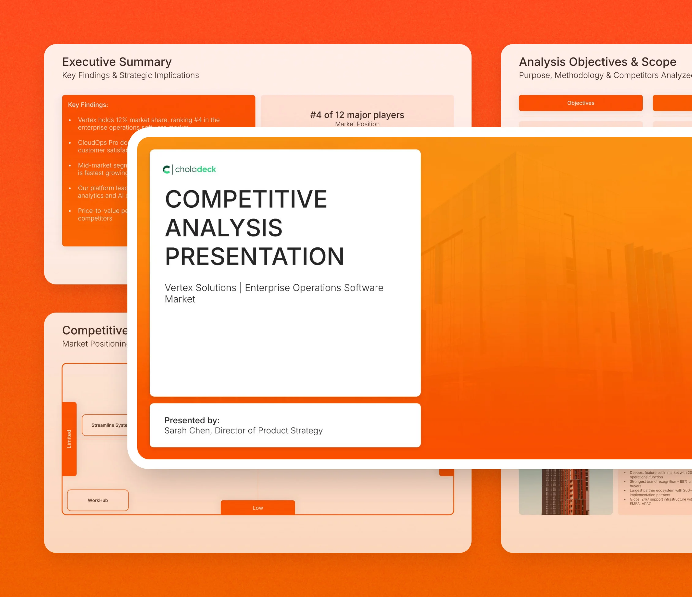 Competitive analysis presentation template: the title slide in front of other slides from the 18-slide deck