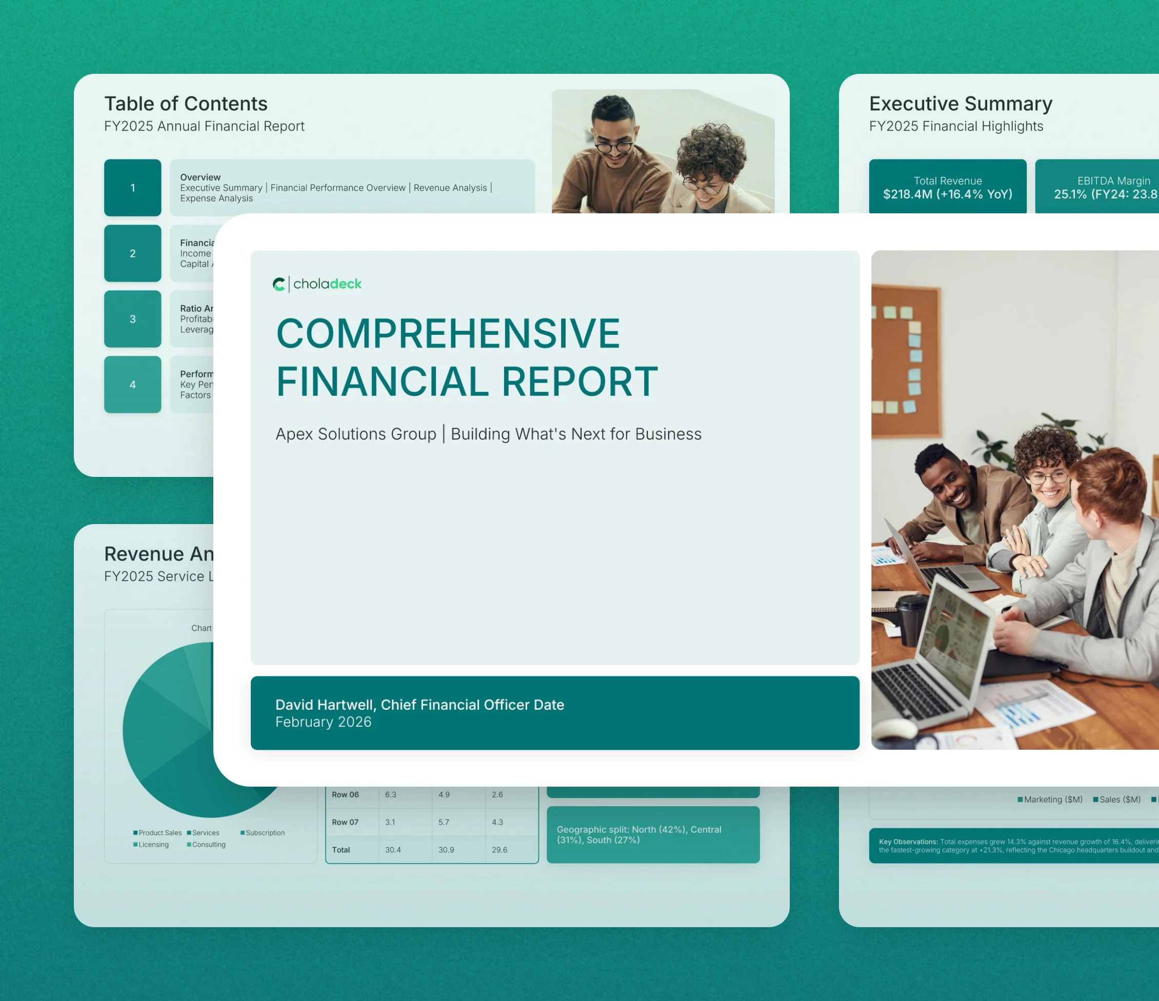 Comprehensive financial report template: the title slide in front of other slides from the 22-slide deck