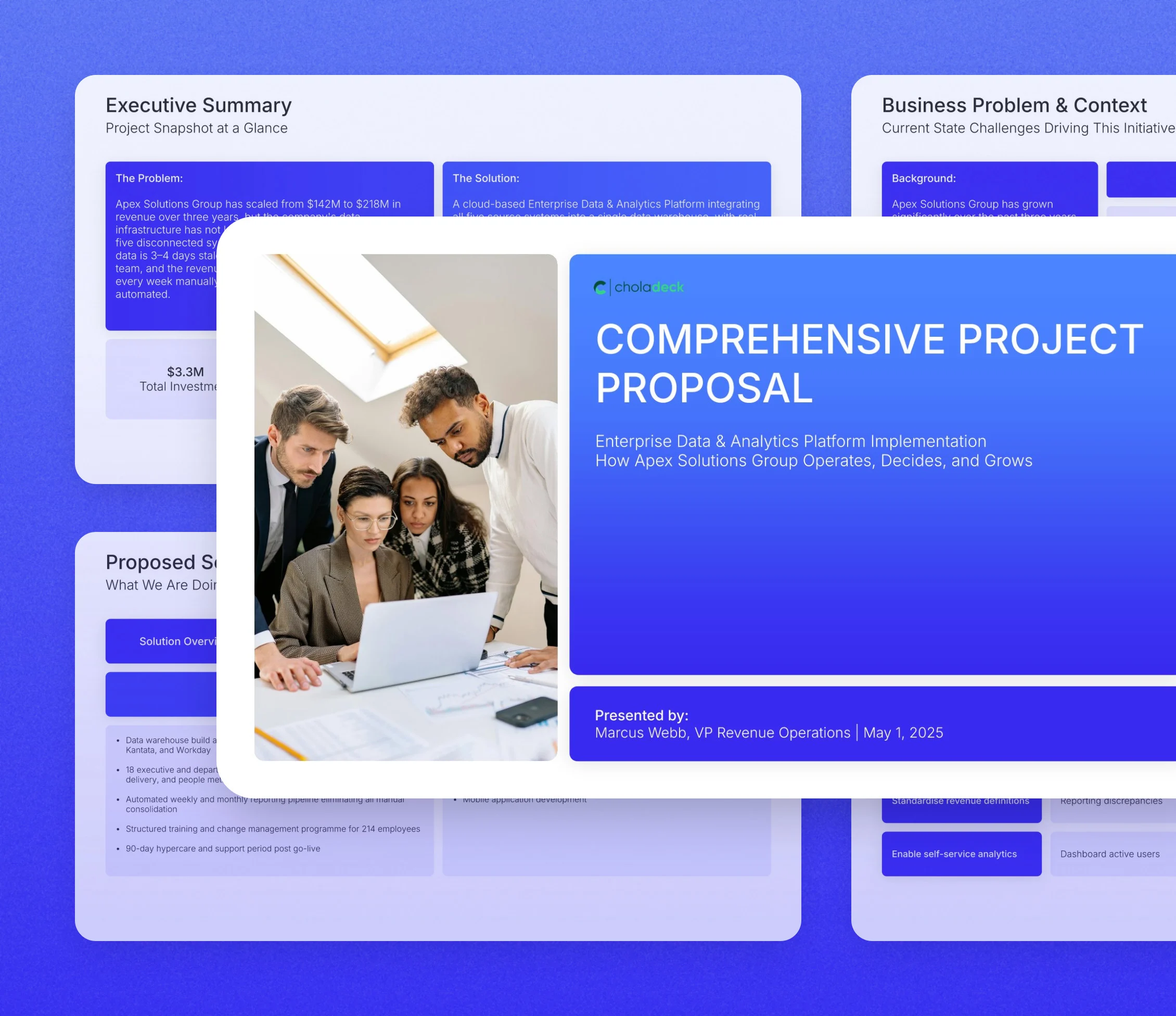 Comprehensive project proposal presentation: the title slide in front of other slides from the 23-slide deck