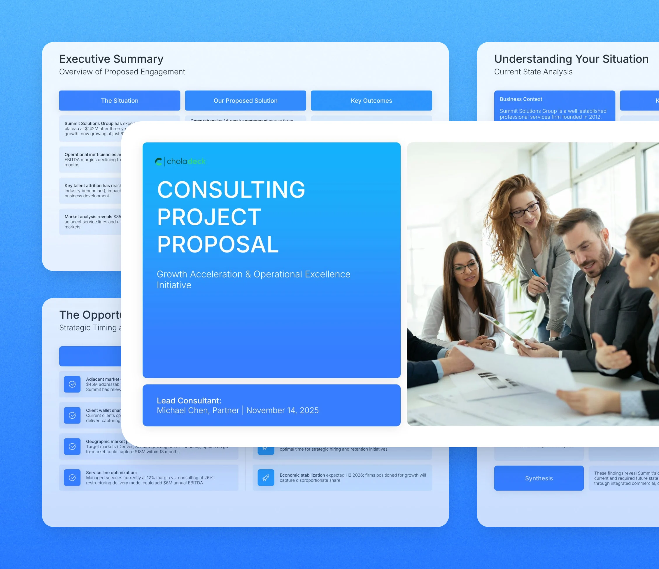 Consulting proposal template: the title slide in front of other slides from the 25-slide deck