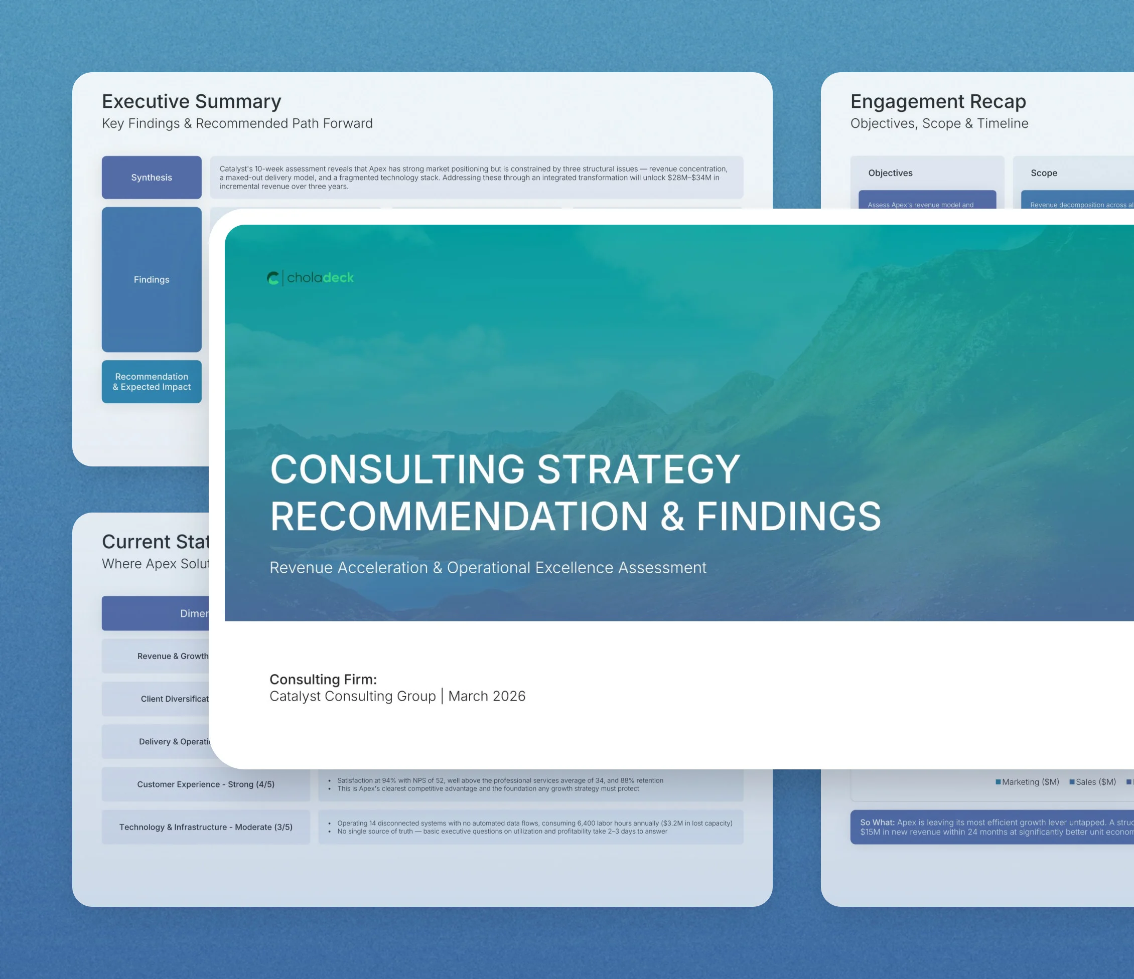 Consulting report template: the title slide in front of other slides from the 18-slide deck