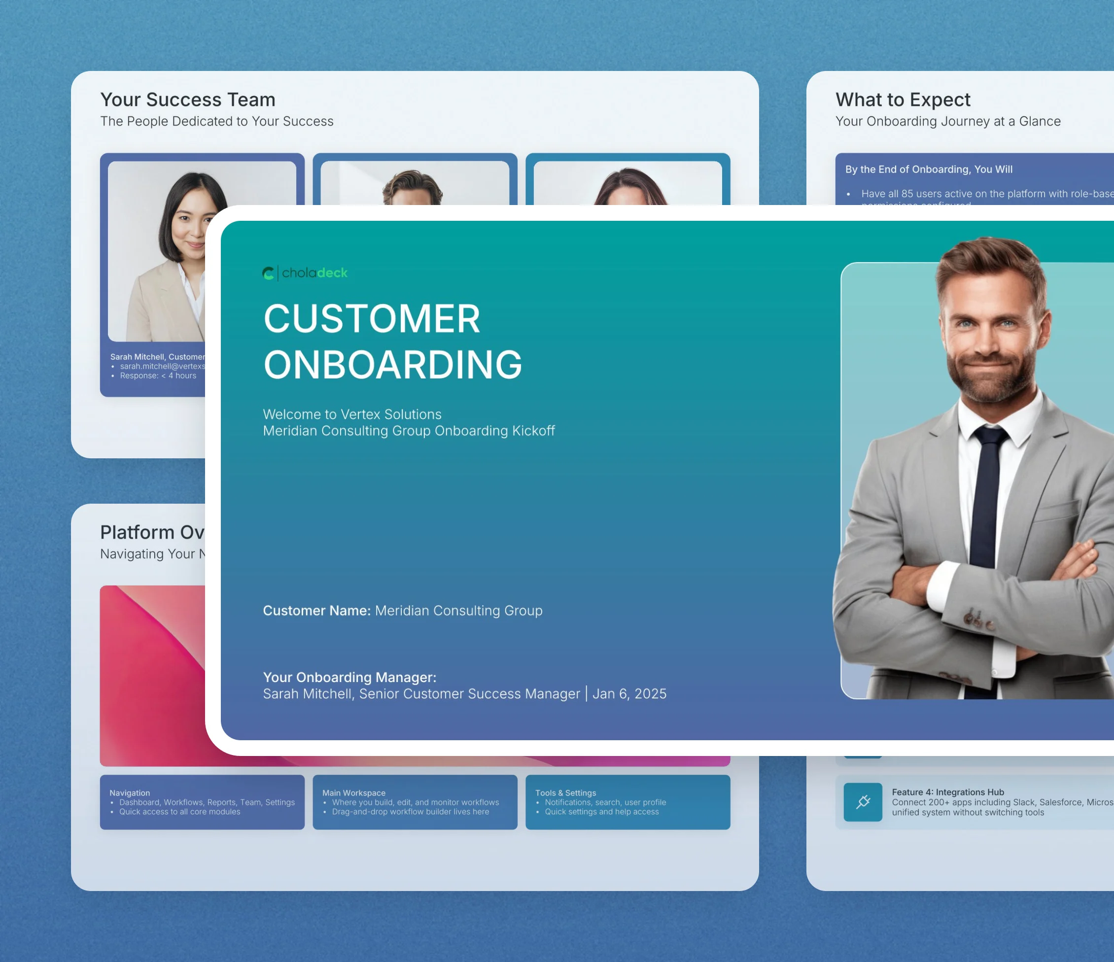Customer onboarding template: the title slide in front of other slides from the 13-slide deck