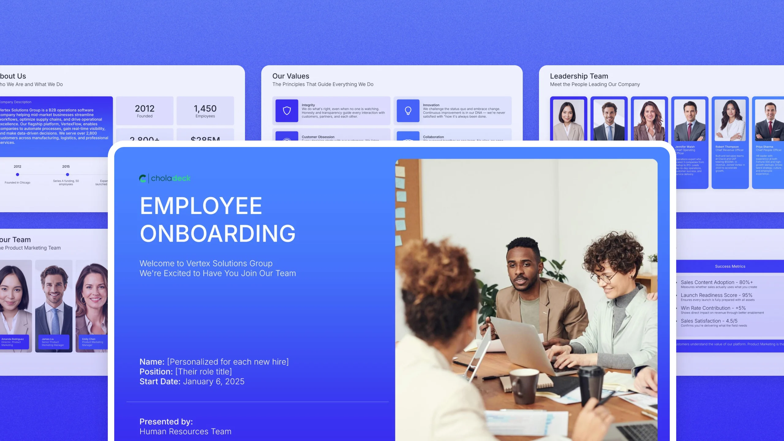 Employee onboarding presentation template, 14 editable slides