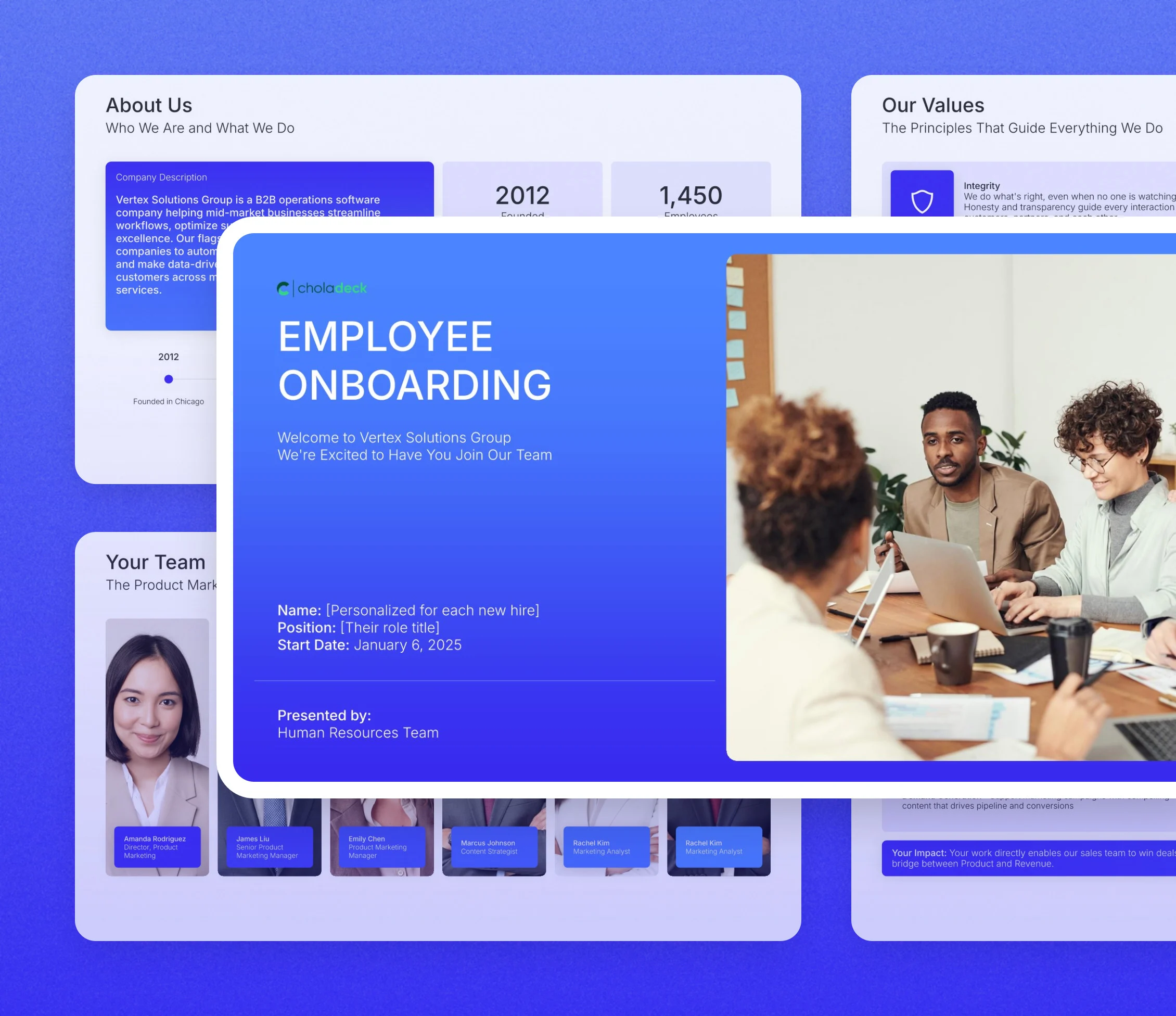 Employee onboarding presentation template: the title slide in front of other slides from the 14-slide deck