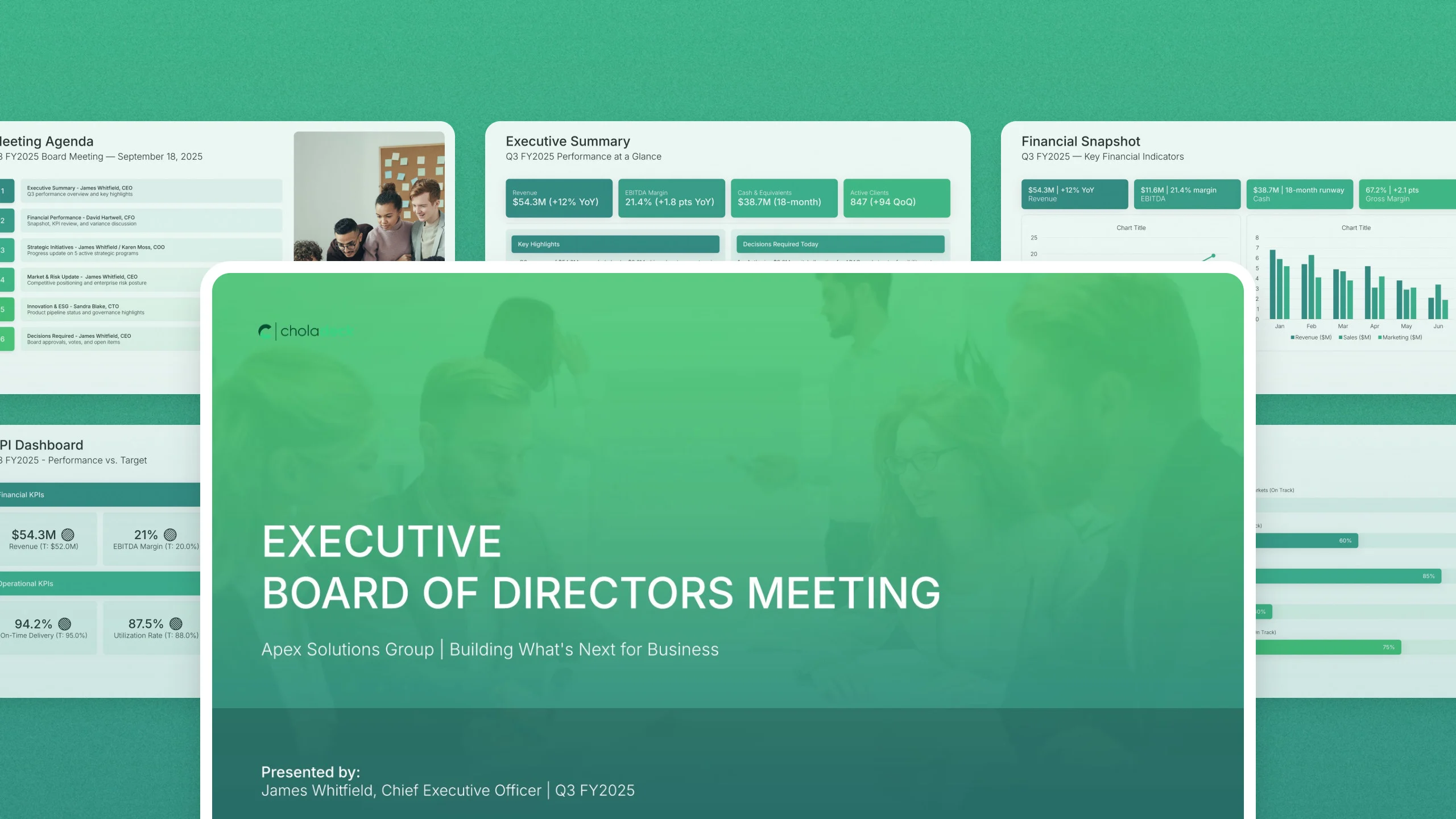 Executive board meeting presentation template, 15 editable slides