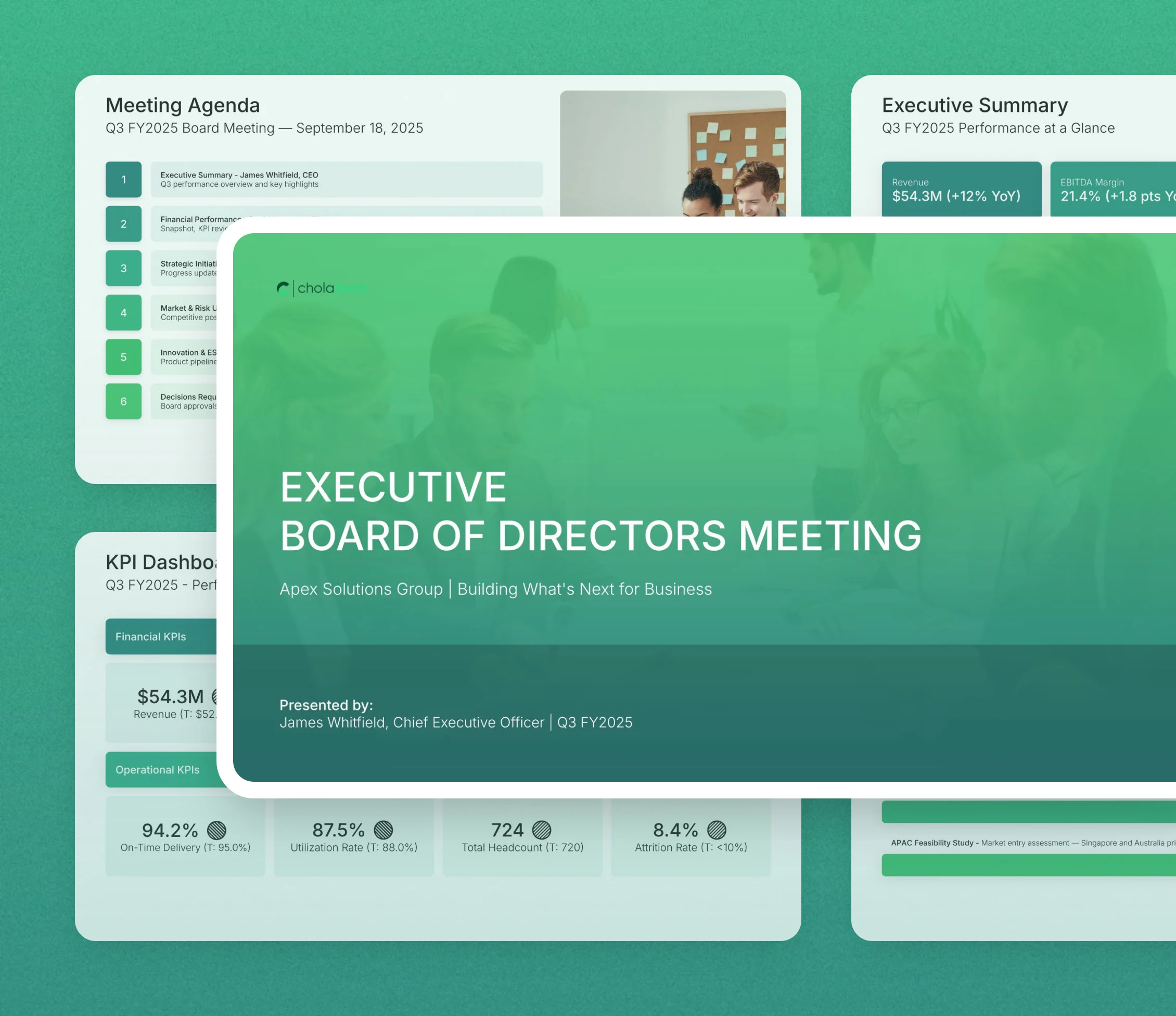Executive board meeting presentation template: the title slide in front of other slides from the 15-slide deck