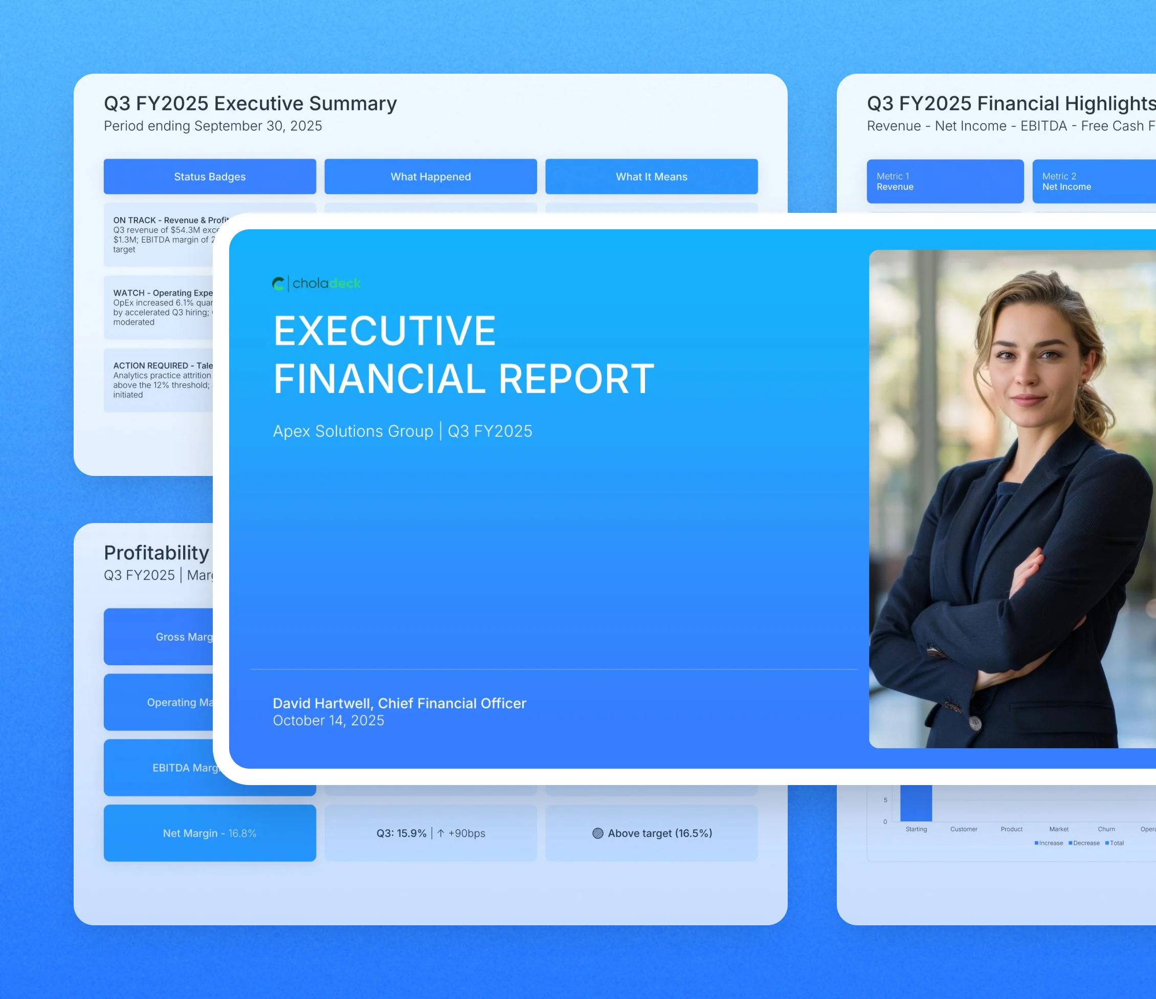 Quarterly financial report template: the title slide in front of other slides from the 12-slide deck