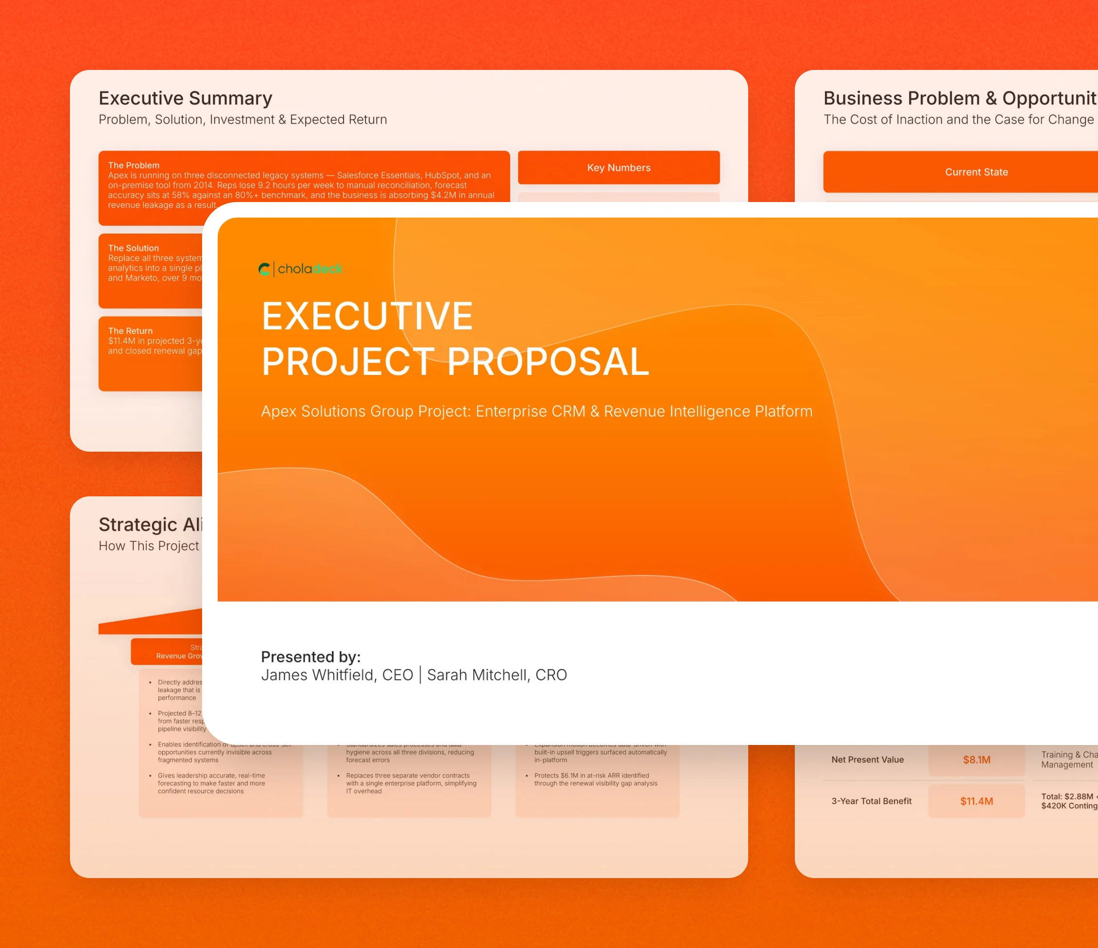 Executive project proposal presentation: the title slide in front of other slides from the 12-slide deck