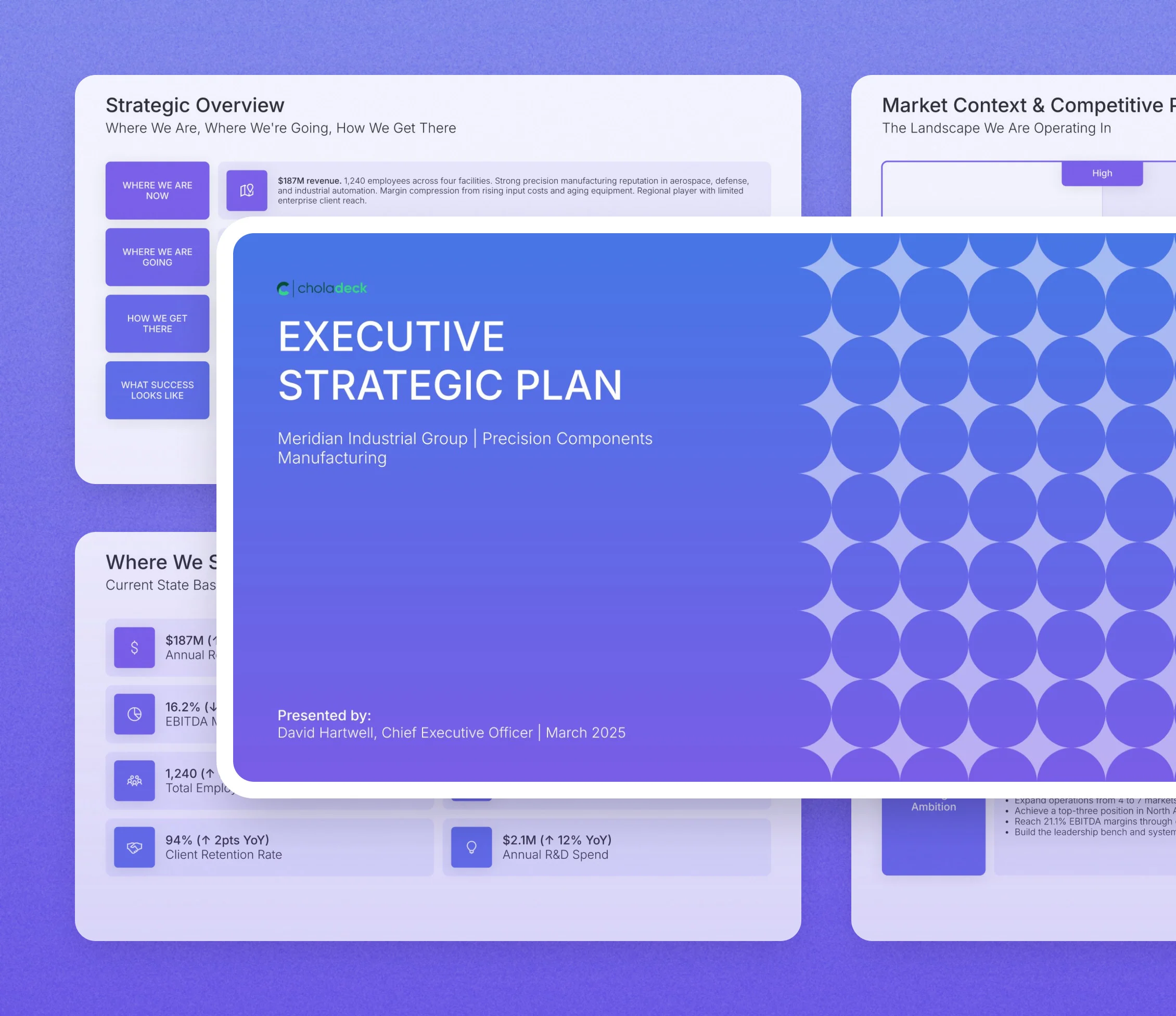 Executive strategic plan template: the title slide in front of other slides from the 16-slide deck