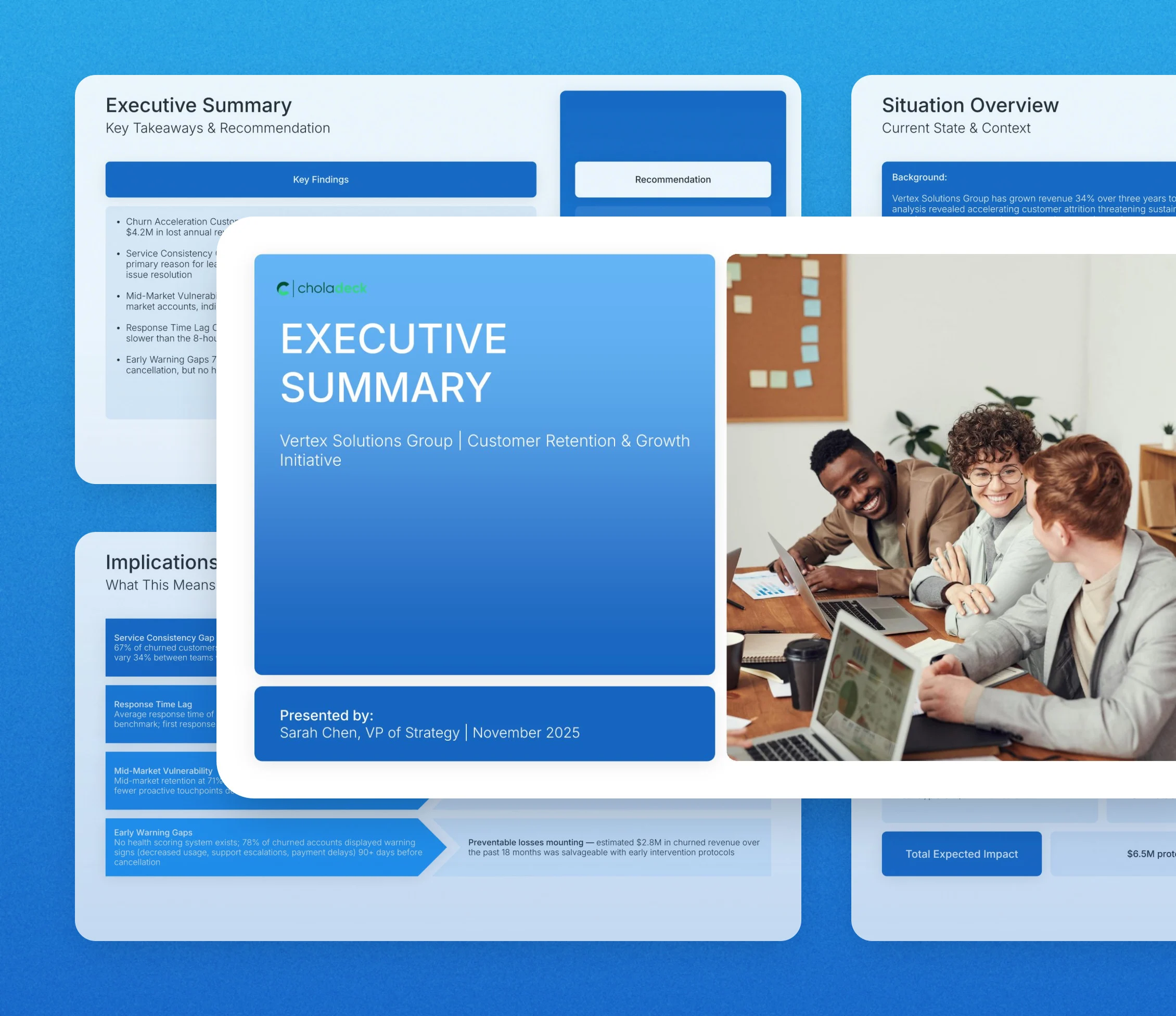 Executive summary template: the title slide in front of other slides from the 9-slide deck