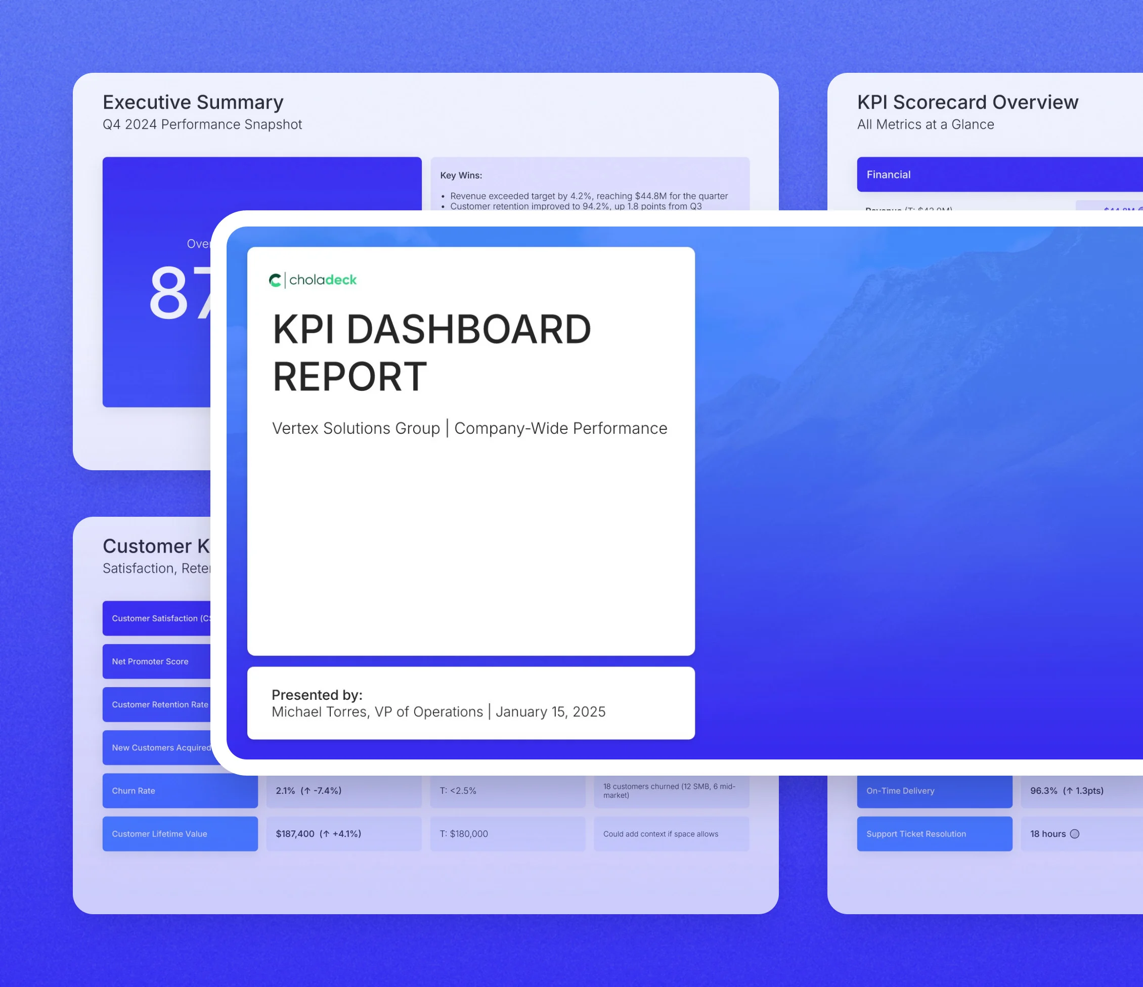 Balanced scorecard KPI dashboard template: the title slide in front of other slides from the 14-slide deck