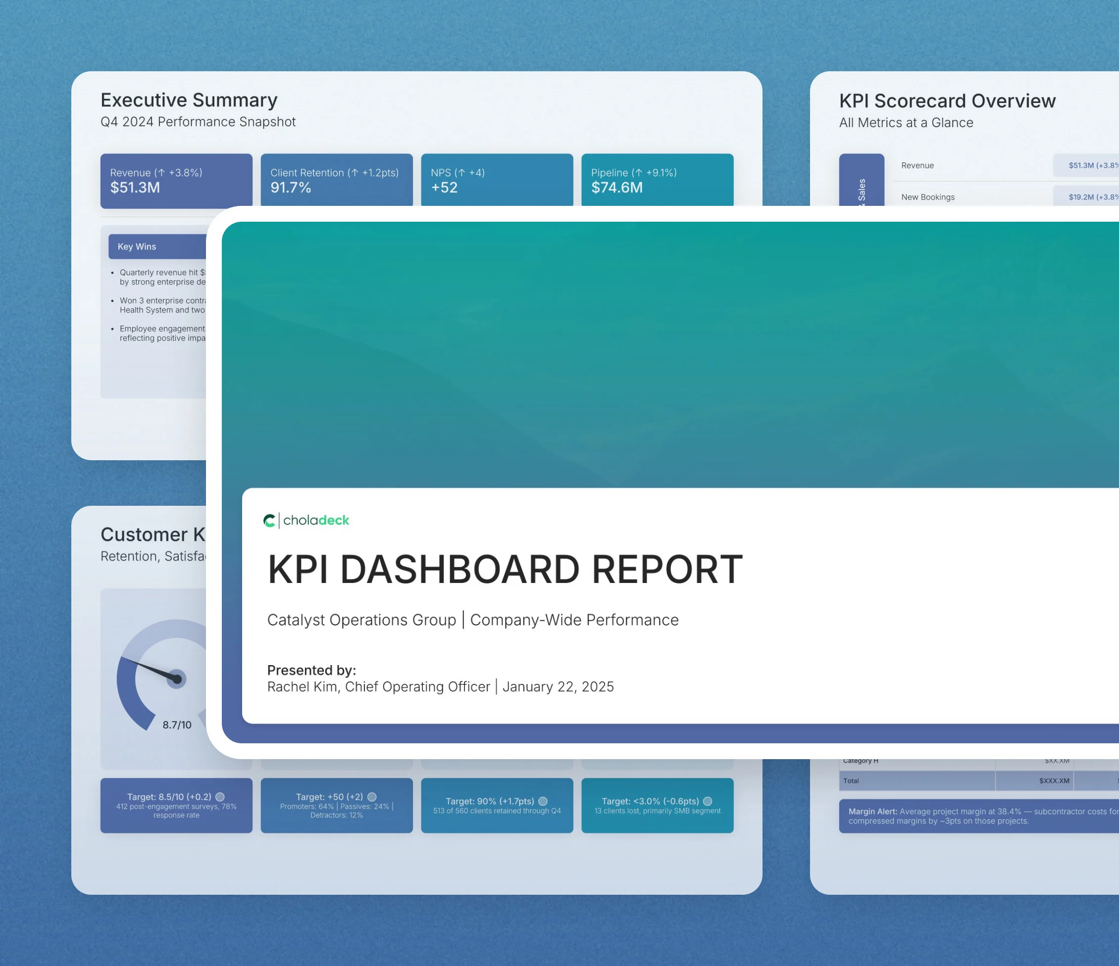Metrics-neutral KPI dashboard template: the title slide in front of other slides from the 14-slide deck